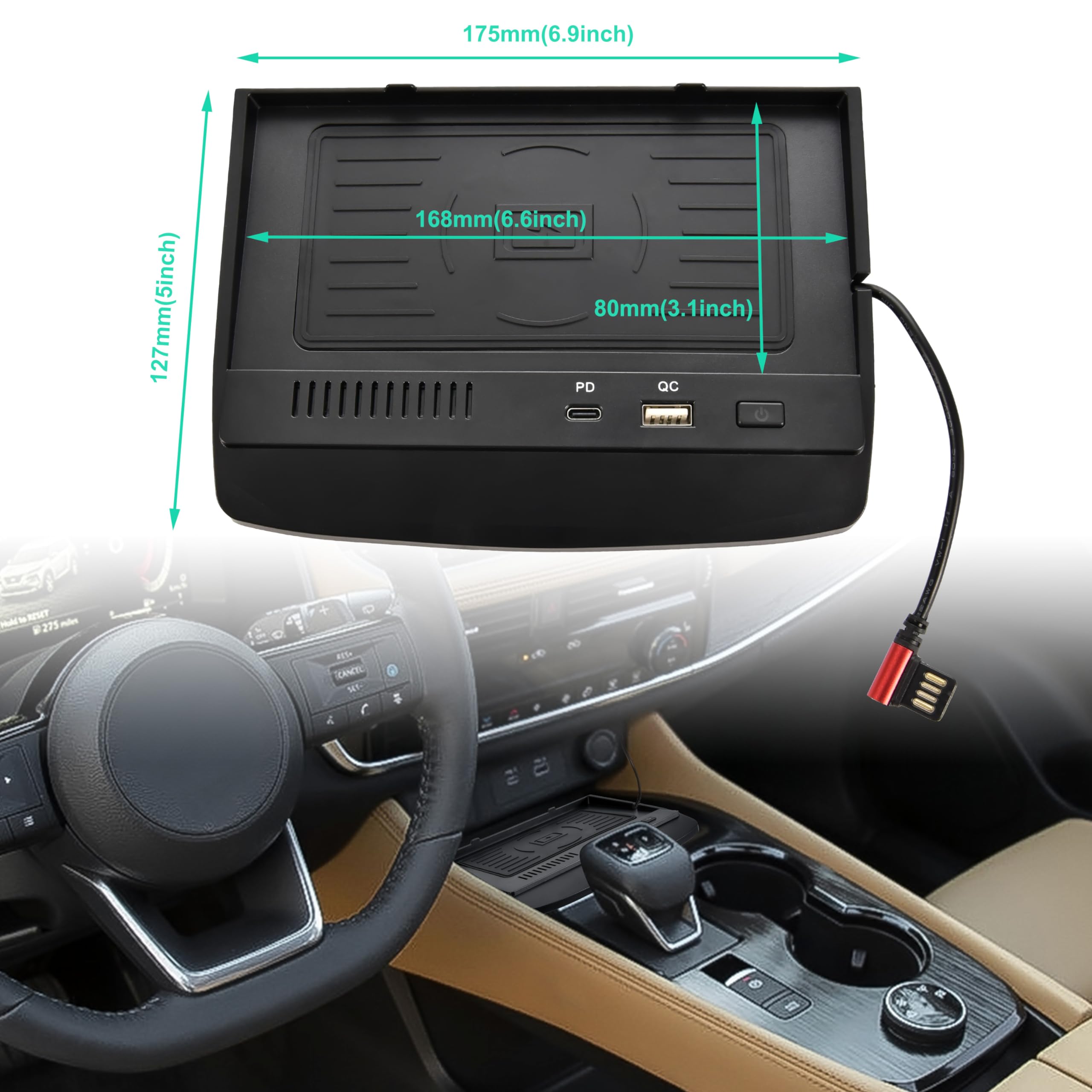 Cargador inalámbrico de coche para consola central de carga para Nissan Rogue 2021-2024, accesorios