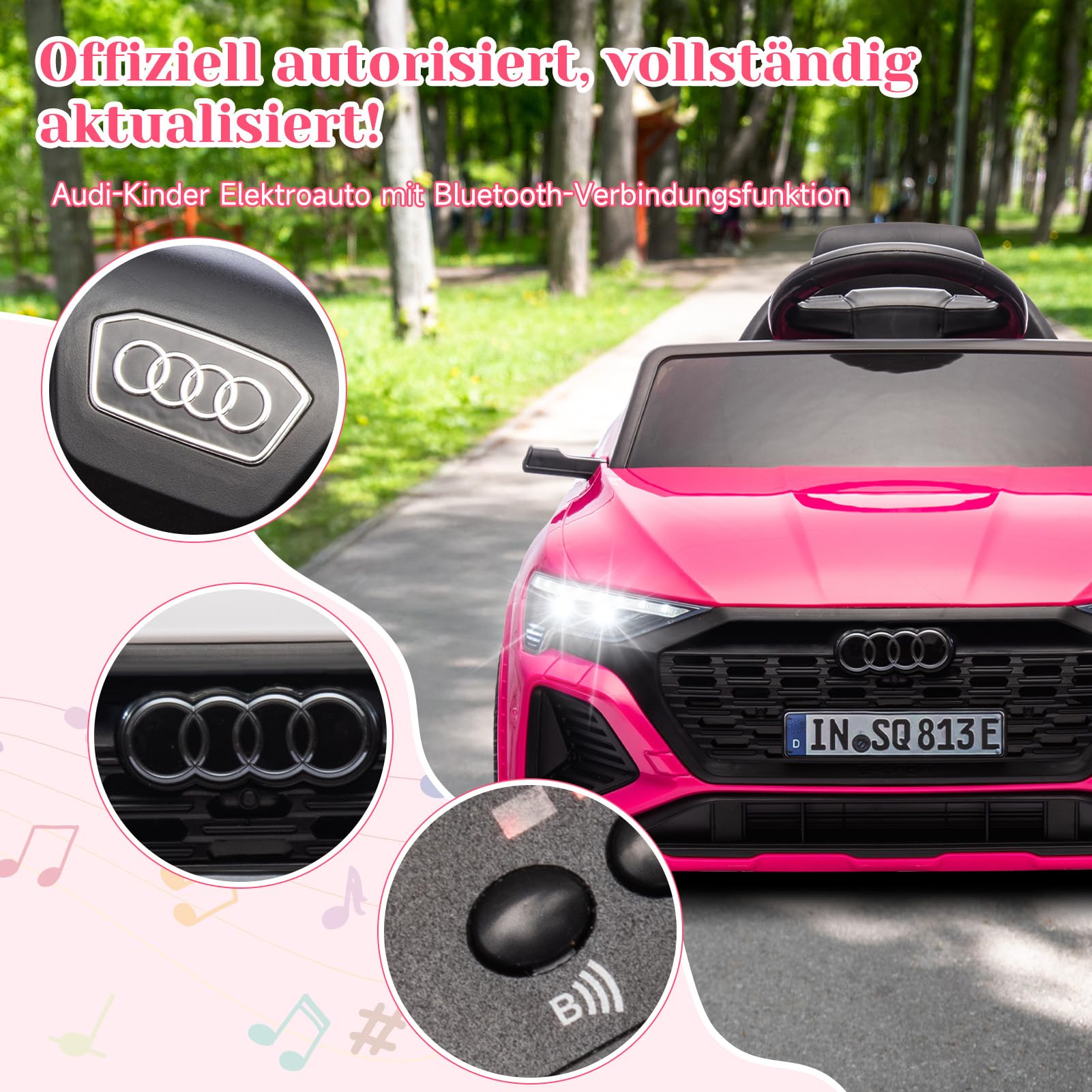 HAUSPROFI Elektro Kinderauto mit Bluetooth 12V Elektrofahrzeug SQ8 E-tron Elektroauto mit Fernbedienung 2,4GHz, Sicherheitsgurt, Musik, Kinderfahrzeug für Kinder 3-6 Jahre, 3-5 km/h, Rosa