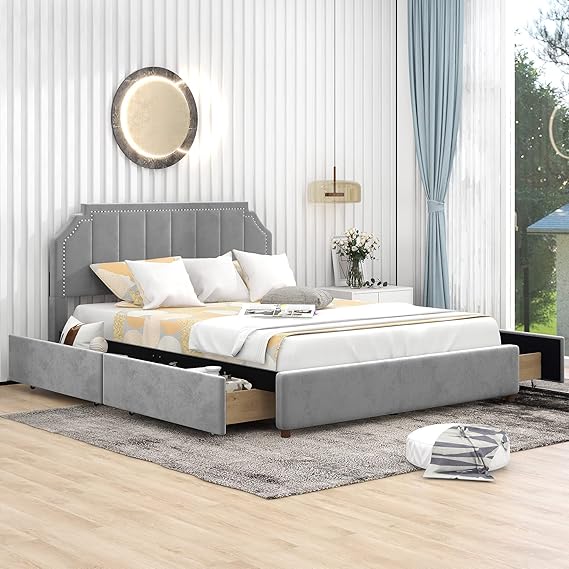 MOEO Queen Size Upholstery Platform Bed with 4 Storage