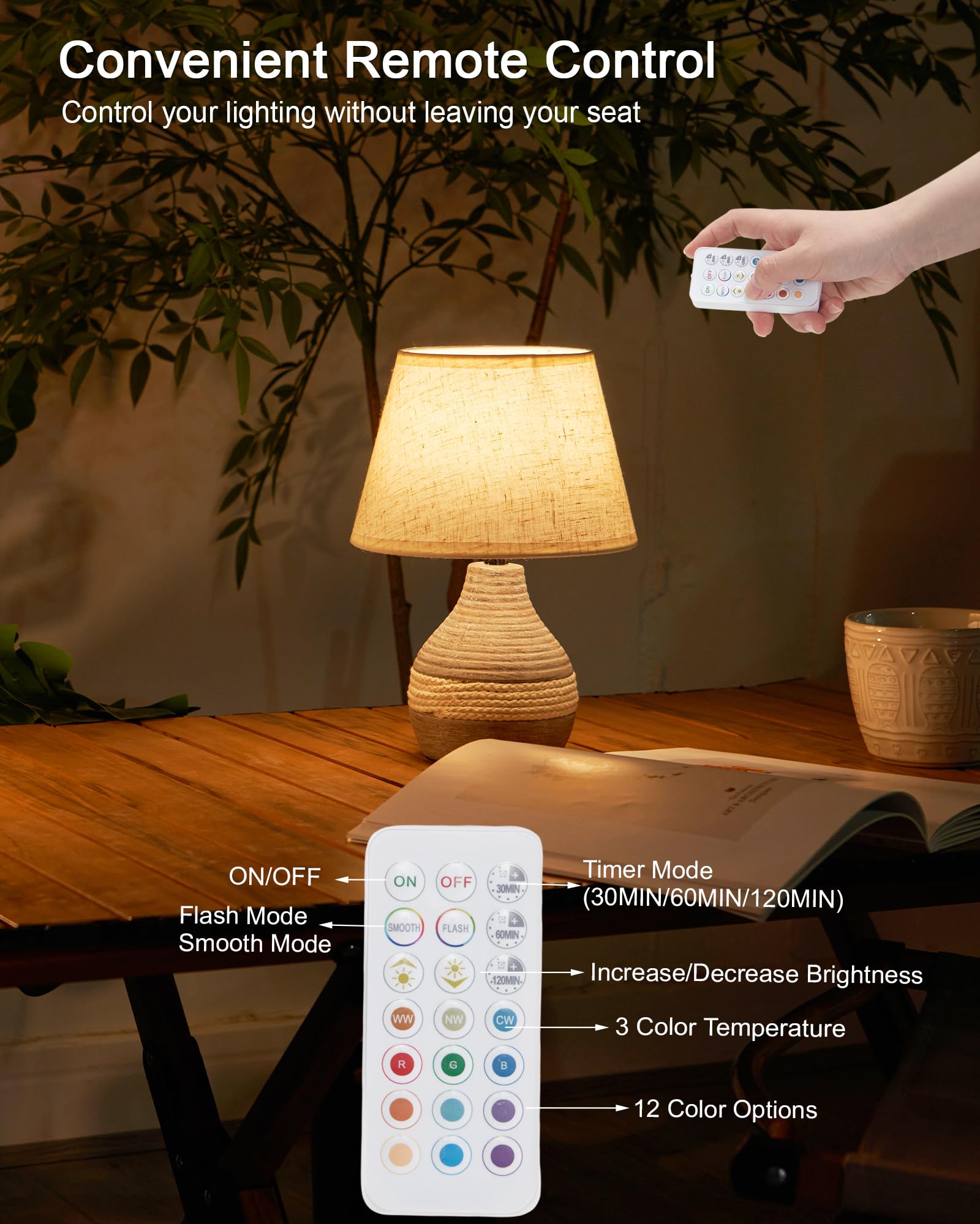 Lampada da tavolo in ceramica senza fili con timer, dimmer, paralume di lino, lampada da tavolo a telecomando, piccola lampada da tavolo ricaricabile, lampada da comodino moderna Mid Century