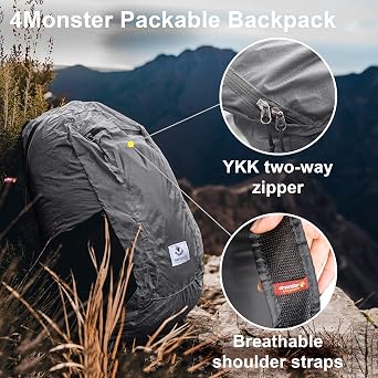 4Monster Packable Backpack Ultra Lightweight, Foldable Backpack Water Resistant, Hiking Daypack for Travel Camping Outdoor