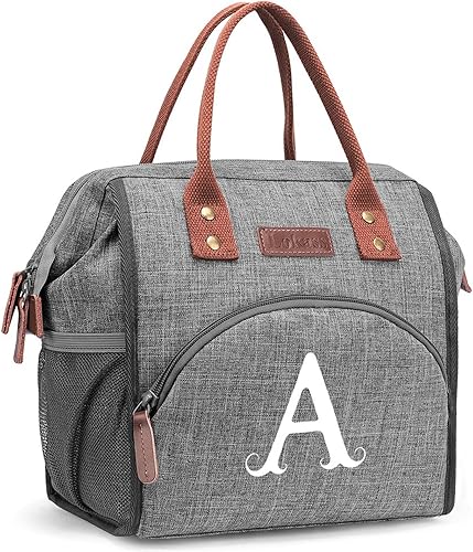 Lonchera con inicial para mujeres y mujeres, reutilizable, aislada, para adultos, bolsa de almuerzo de apertura amplia, bolsa enfriadora congelable