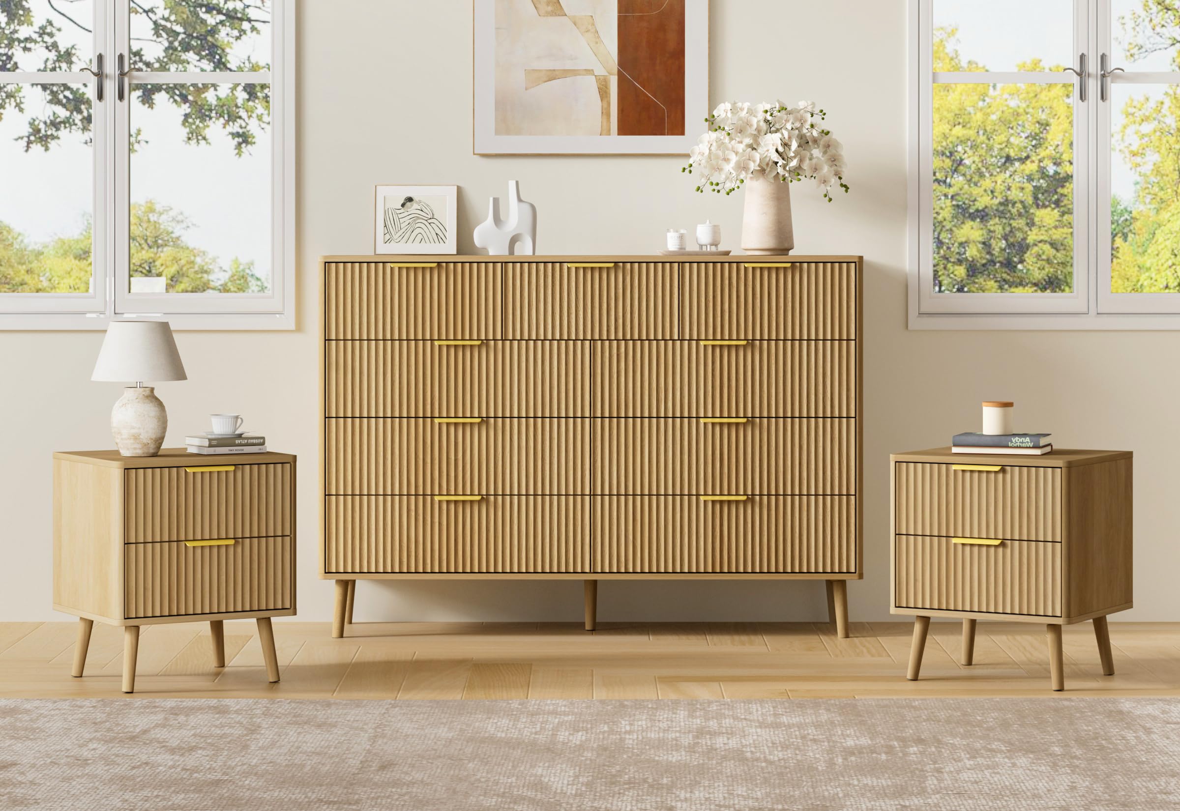 LYNSOM Fluted Dresser and Nightstand Set, 3 Pieces Bedroom Set, 55 Inch Wide 9-Drawer Dresser & 2-Drawer Nightstands Set of 2, Modern Dressers Set for