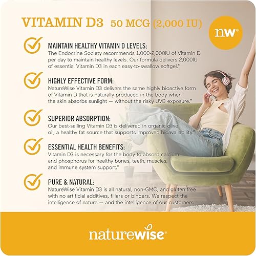 Miniatura 5 de NatureWise Vitamina D3 2000iu (50 mcg) Función muscular saludable y apoyo inmunológico, sin OMG, sin gluten en aceite de oliva prensado en frío, el