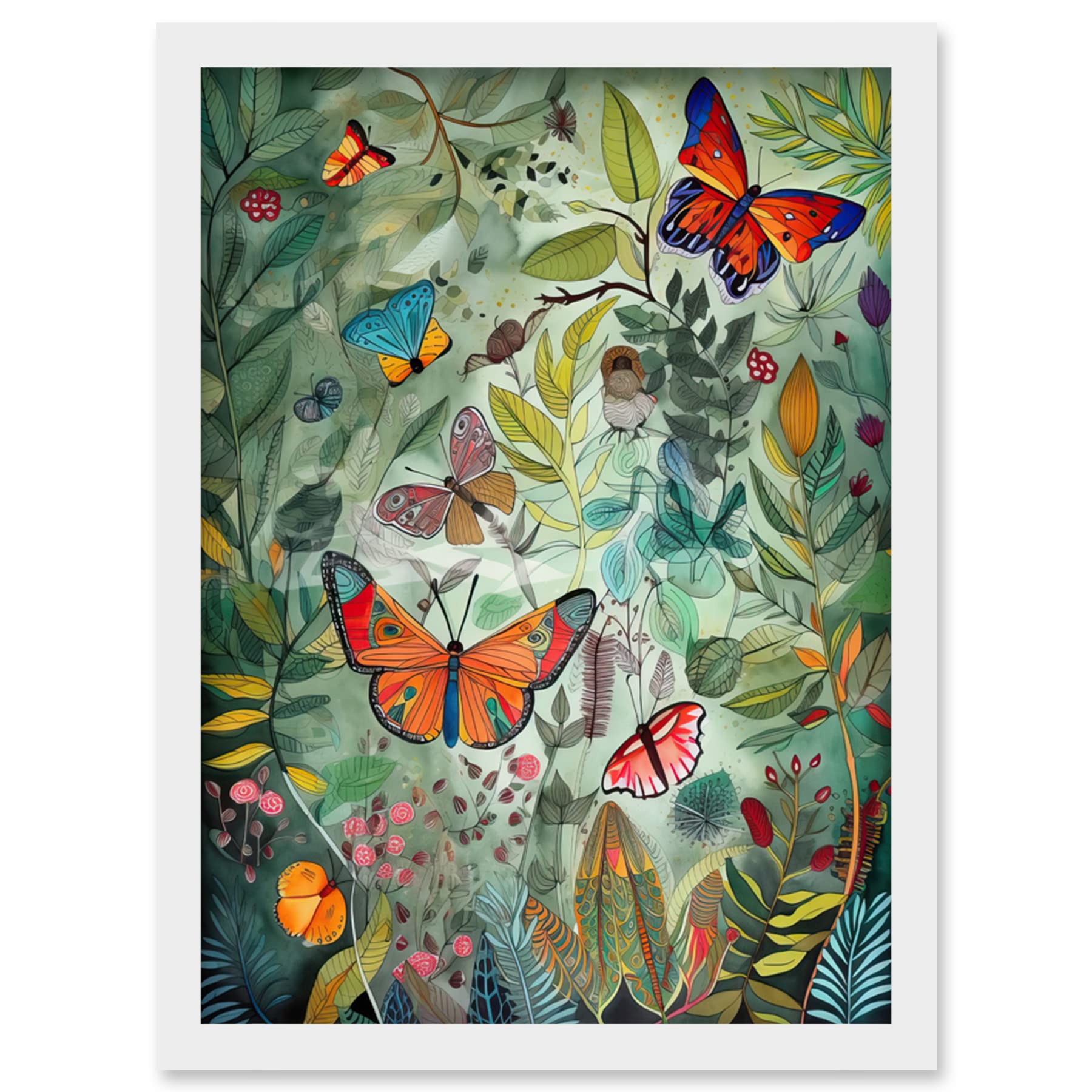 Artery8 Butterflies in a Spring Field Modern Folk Art Artwork Framed Wall Art Print A4