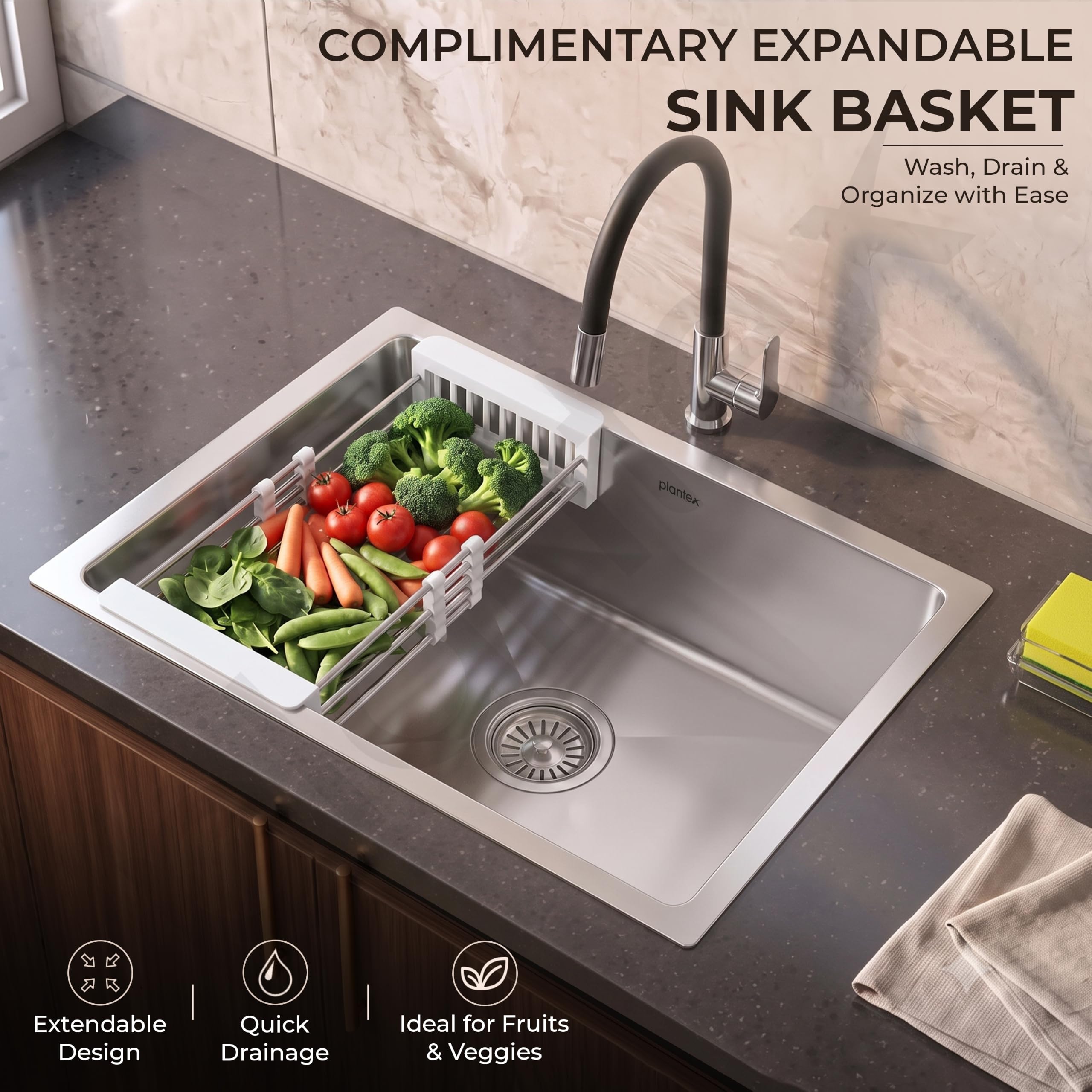 Plantex Stainless Steel Kitchen Sink - 16x18 Inches -5