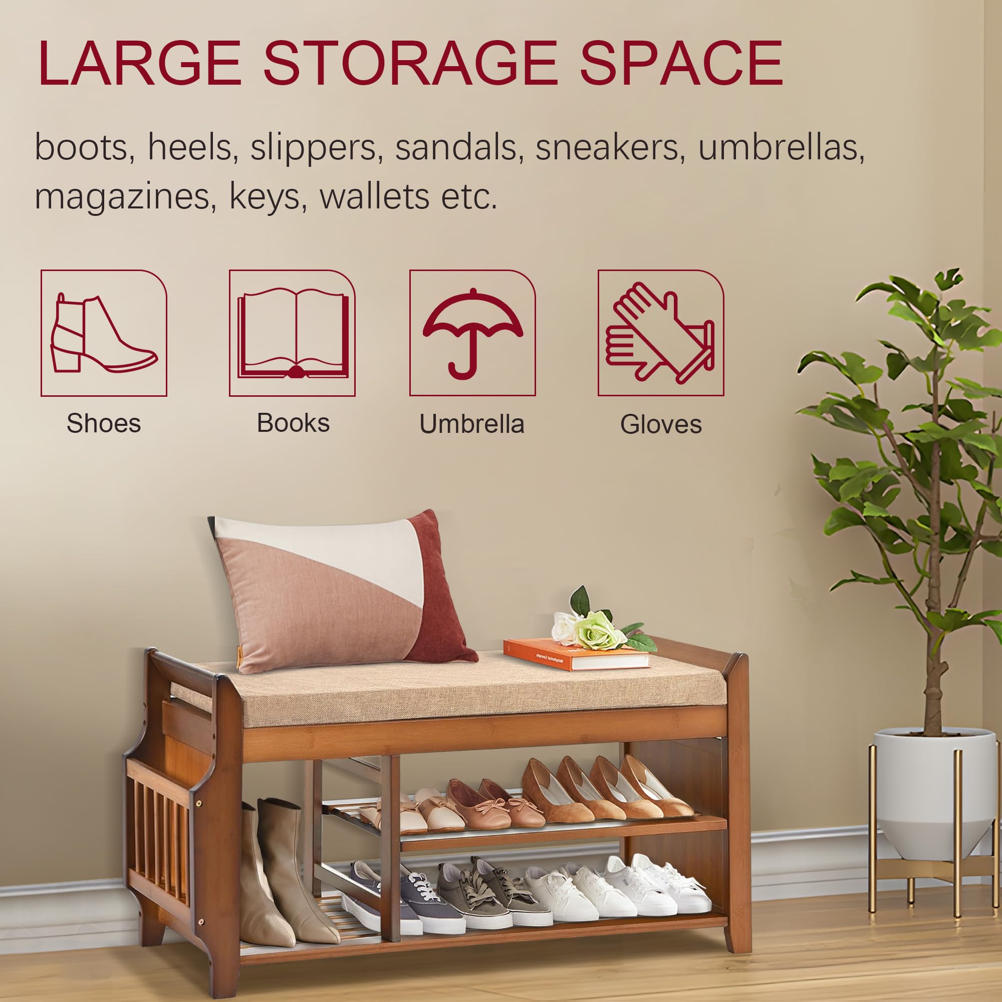Panca Scarpiera In Bambù Con Cassetto Nascosto E Organizer - 98x29x49 Cm, 2 Livelli