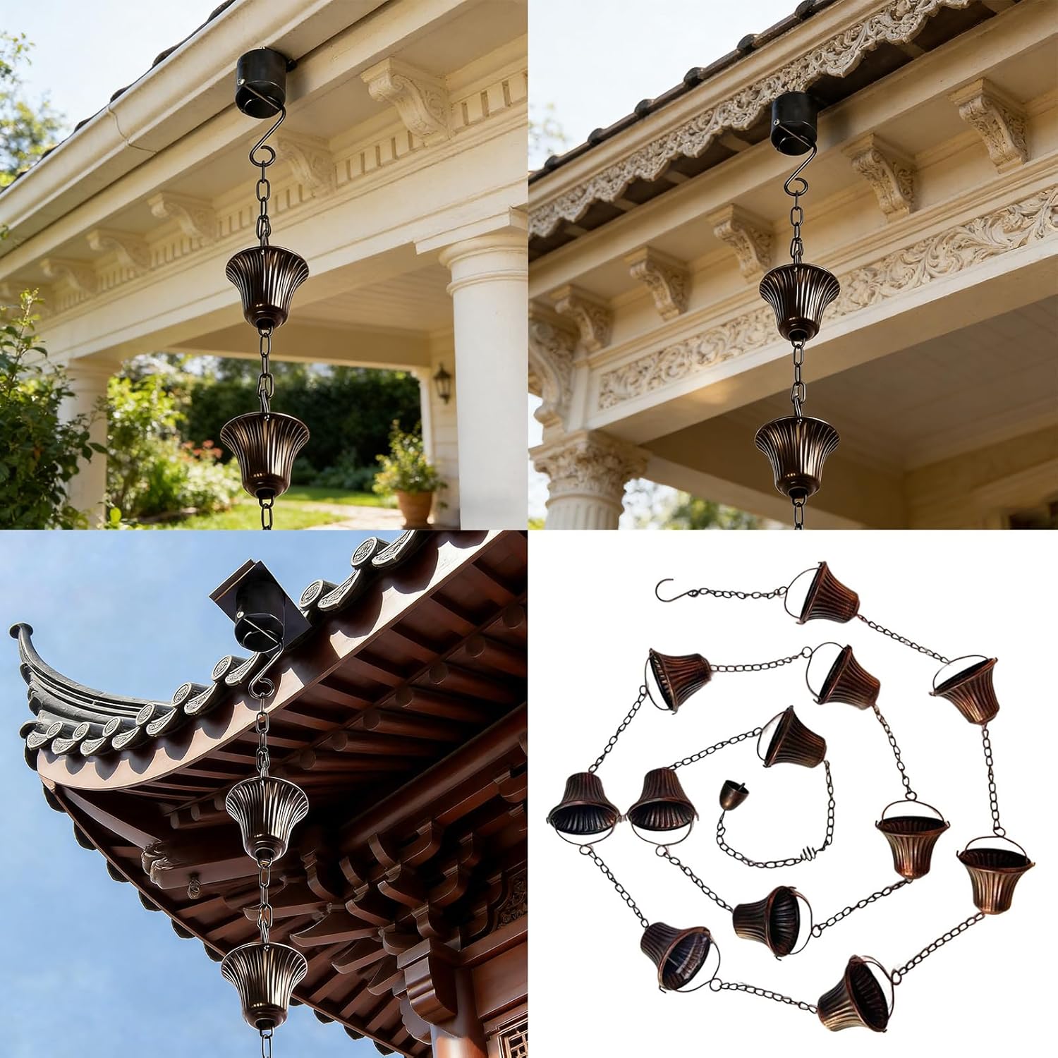 Outdoor Rain Chain Metal Bronze Gutter Cup Drainage Decorative Water Flows for Patios and Yard Use Unique Rain