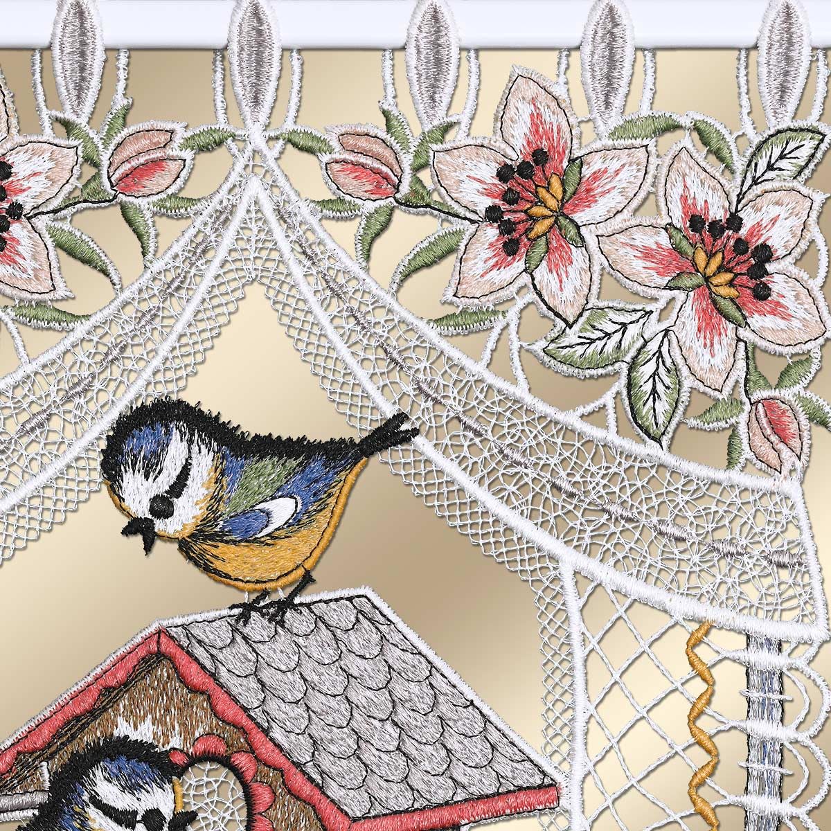 Scheibenhänger Vogelparadies aus Echter Plauener Spitze Scheibengardine mit Blaumeisen und Blüten Flächengardine Frühling 35 x 23 cm