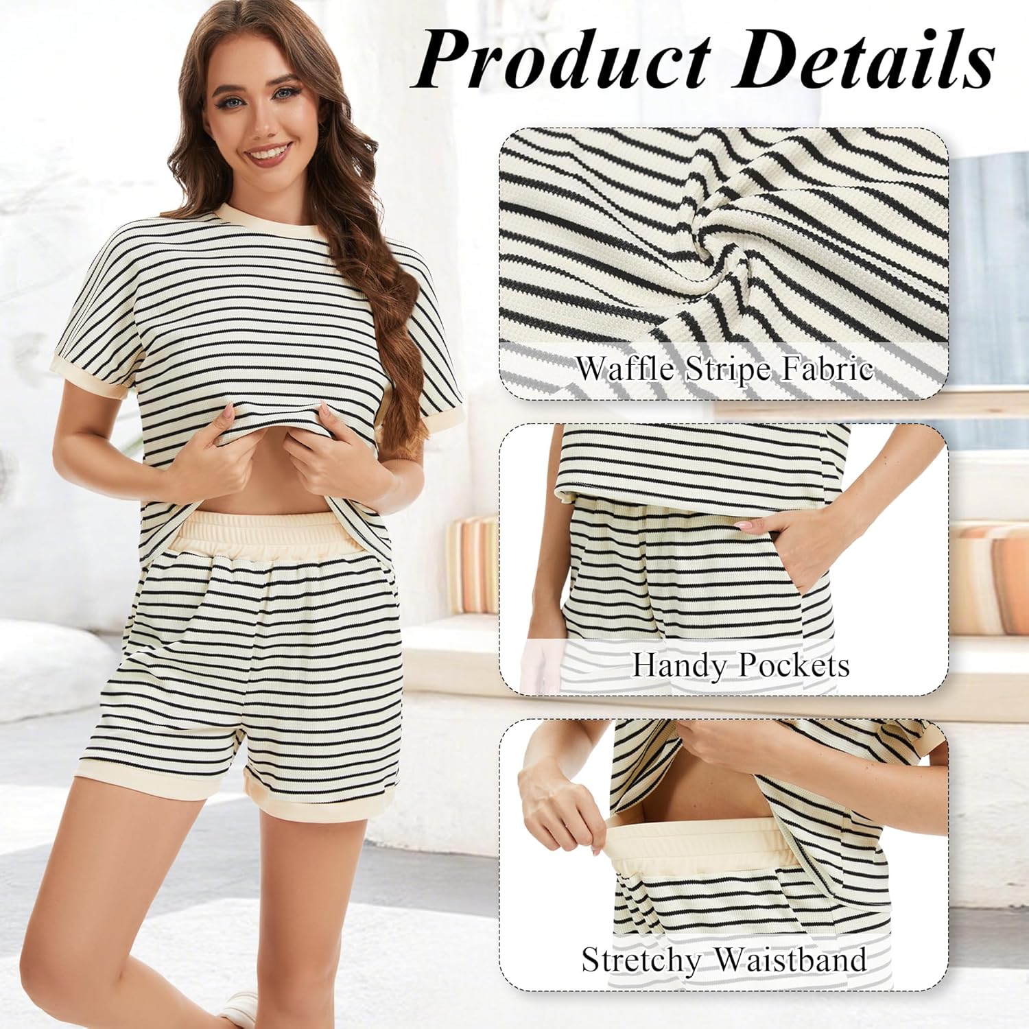 2 Piece Pajama Sets for Women Stripe Knit Shirts Short Sleeve Summer Casual Loungewear Shorts Matching Set - Image 5
