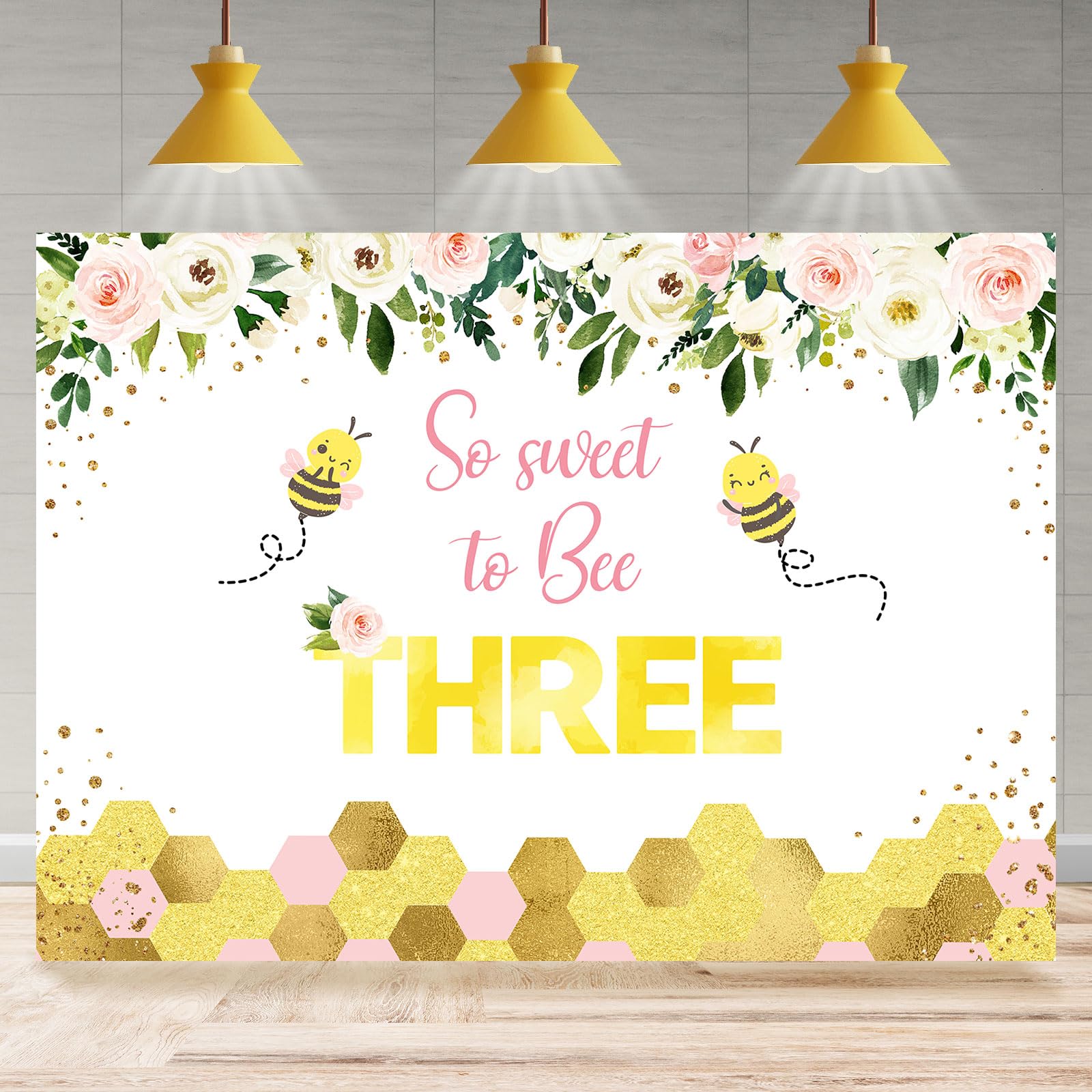 Rsuuinu Bee 3rd Birthday Backdrop So Sweet to Bee Three Honey Bee Floral Photography Background for Girls Bee Theme Third Birthday Party Decoration