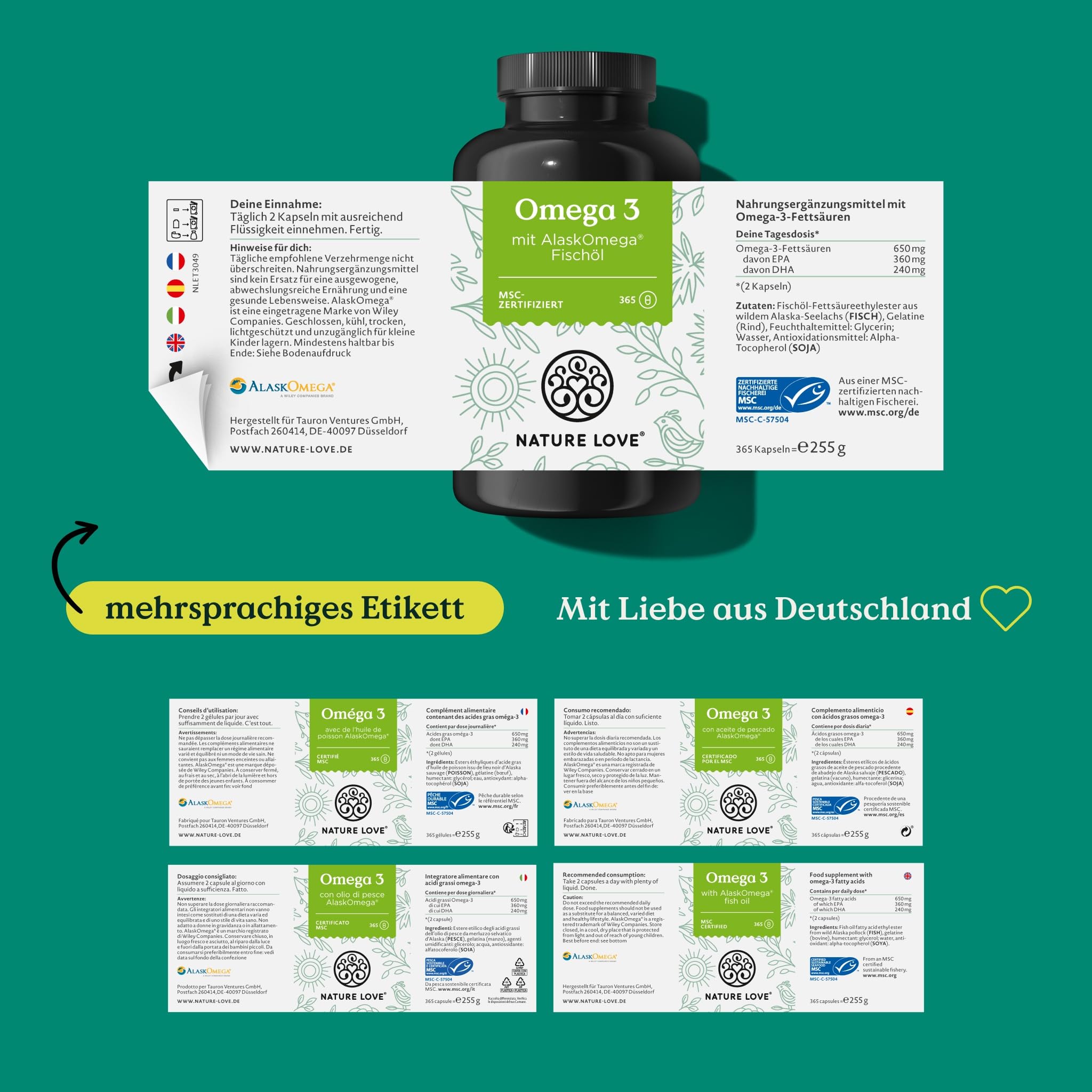 Nature Love Omega 3 - hochdosiert mit 650mg Omega 3 Fettsäuren pro Tagesdosis - 365 kleine Kapseln mit Spitzenrohstoff AlaskOmega® (MSC-zertifiziert) - ohne Zusätze in Deutschland produziert