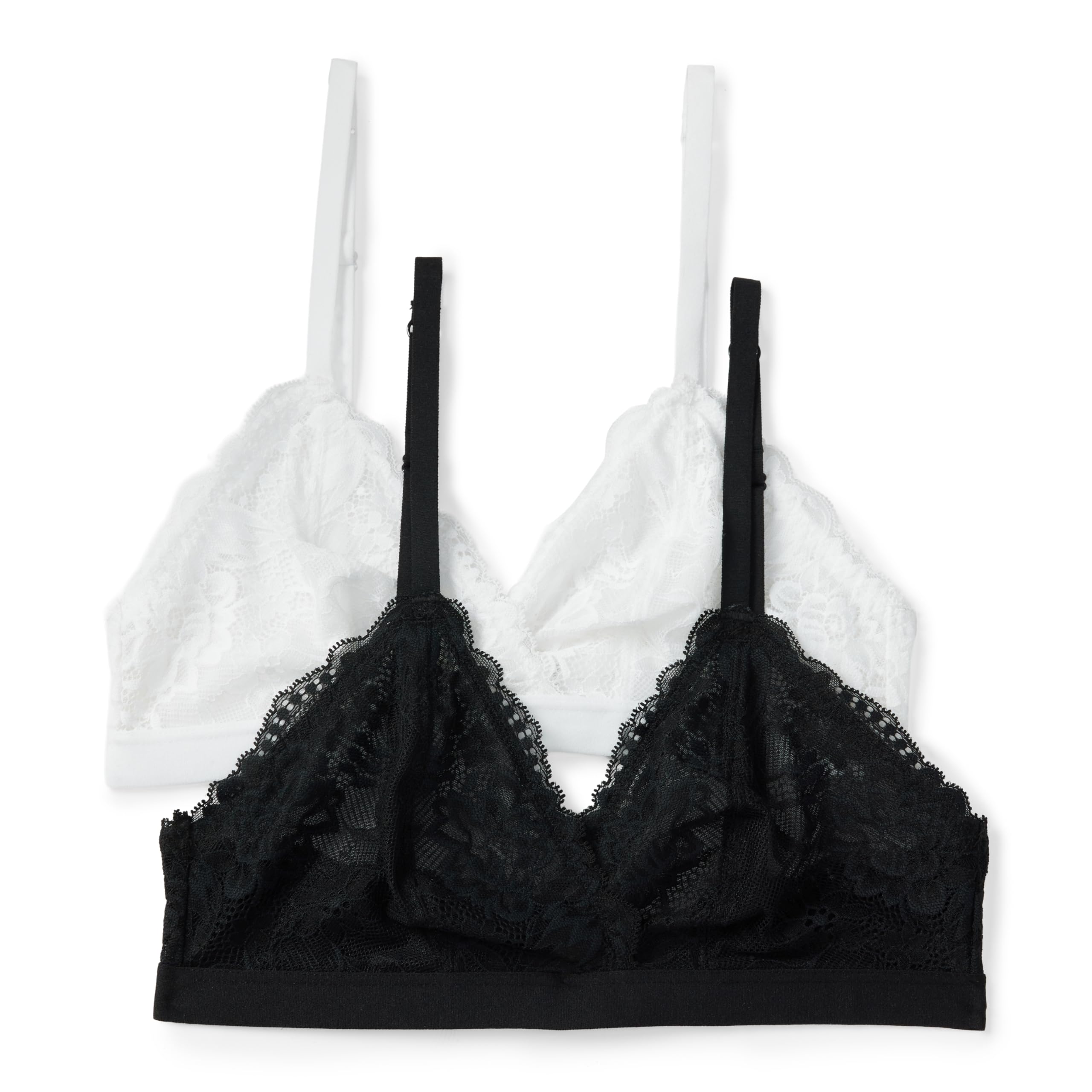 Amazon Essentials Women's Stretch Galloon Lace Triangle Bralette, Pack of 2, Black/White, XXL