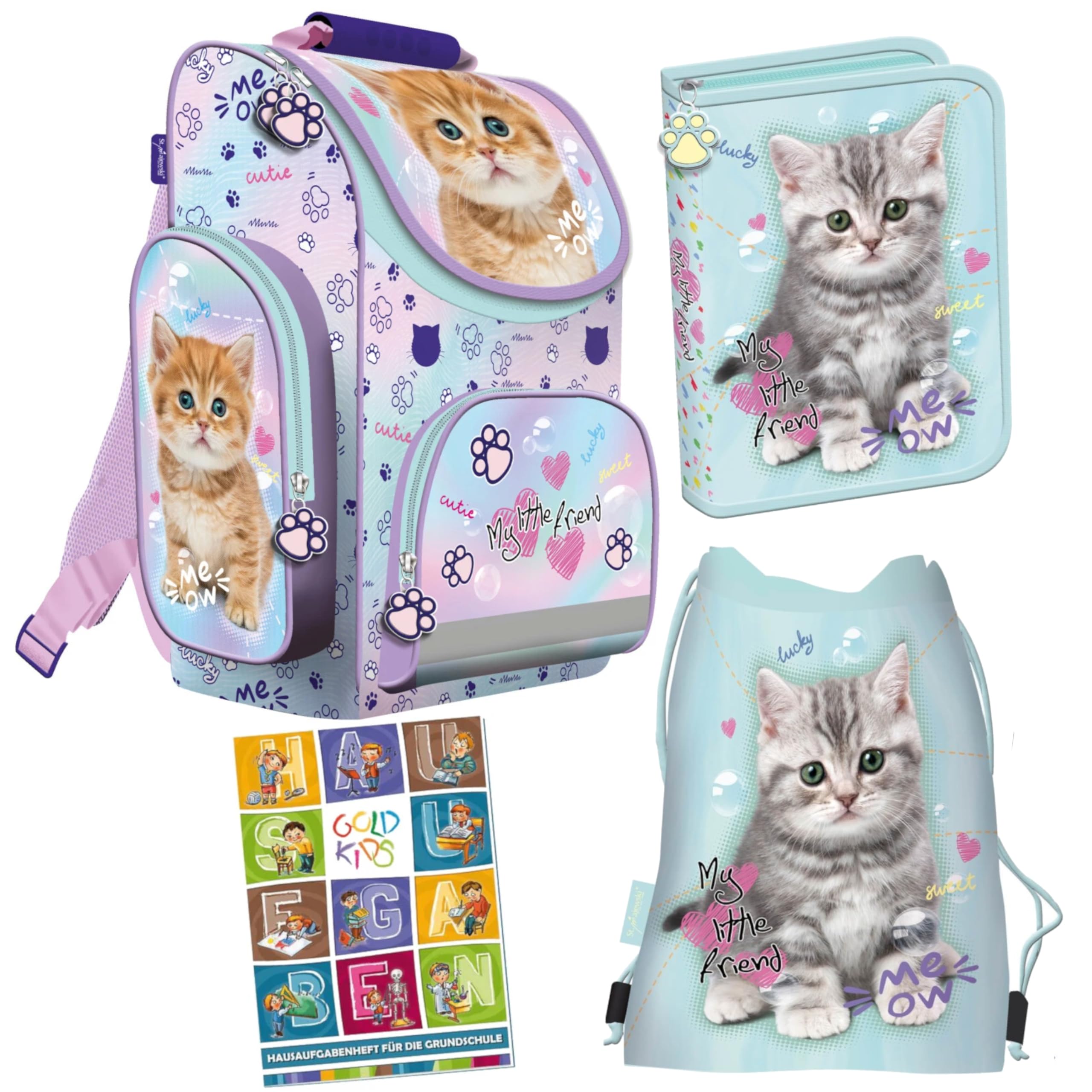 Goldkids - Mochila escolar para niños y niñas, juego de 4 - Mochila escolar para niños con estuche - Bolsa para zapatos y cuaderno de tareas - Diseño de gato - 1-3 Clase, Juego de 4, 1-3 Klasse,