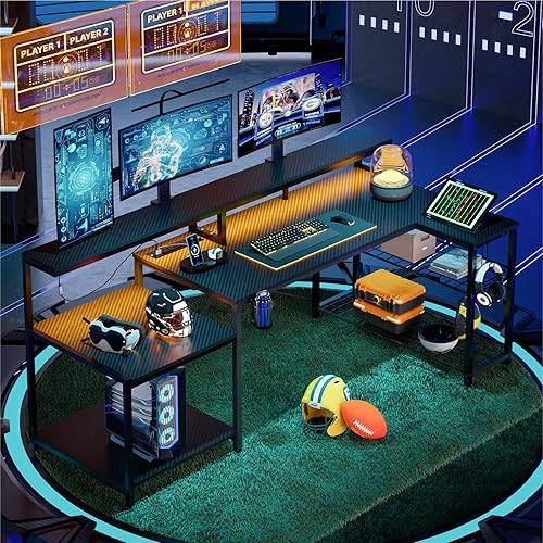 Miniatura 2 de Bestier Gaming Desk with Power Outlet, 71.5 inch LED Computer Desk with Monitor Stand, L Shaped Large Desk with Metal Shelf, Cup Holder & Headset