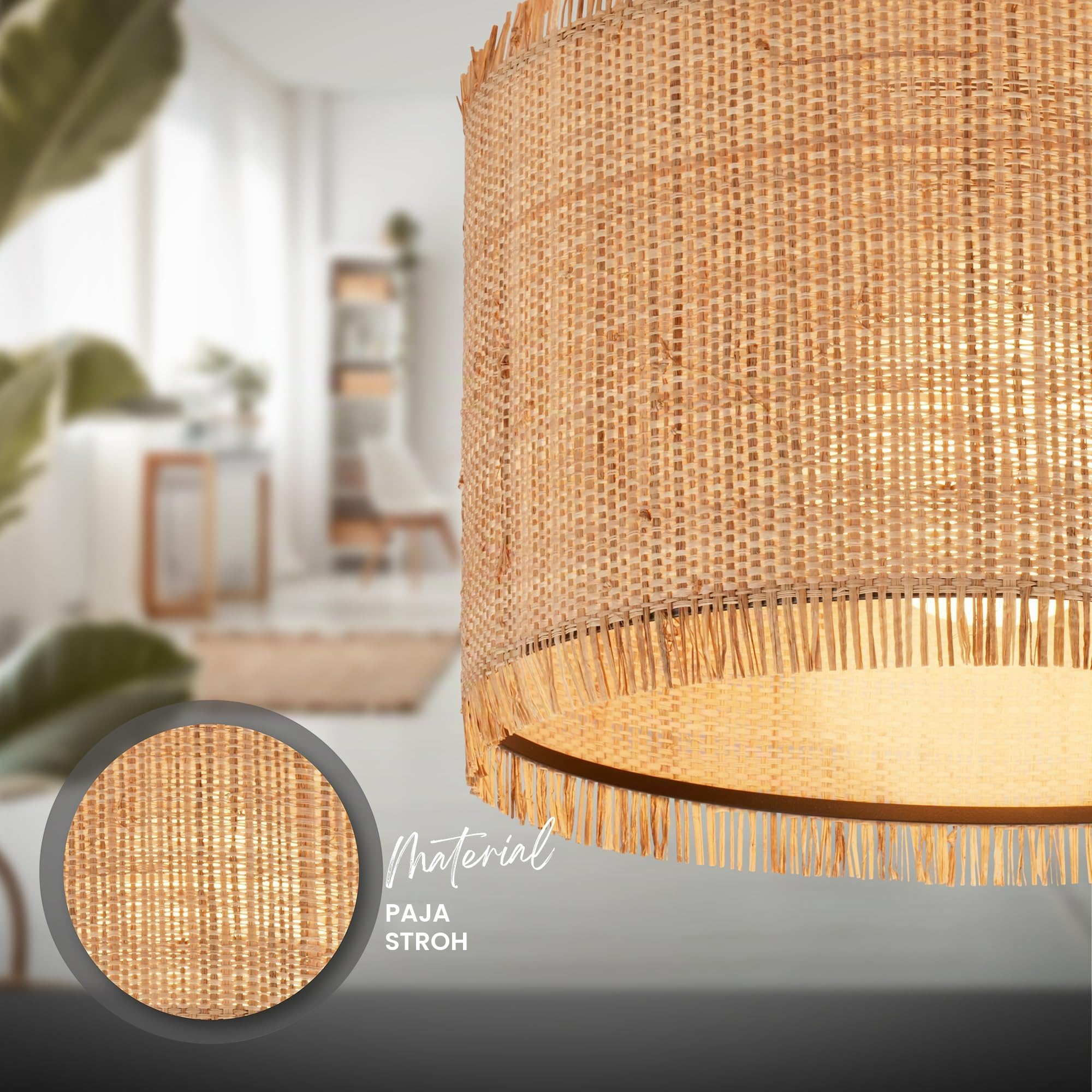 Briloner Lámpara de techo con pantalla de paja, casquillo E27, máx. 10 W, lámpara de techo, boho, estética, lámpara, lámpara de salón, 40 x 28 cm (DxH), color natural