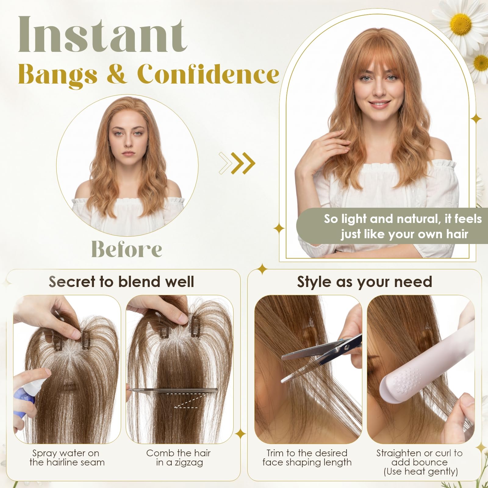 Rich Choices Haartopper Echthaar mit Pony 100% Remy Human Hair Topper Clip in Haarteil Echthaar Topper Damen für Natürlicher Oberkopf 14g #4 Mittelbraun Wispy Bangs