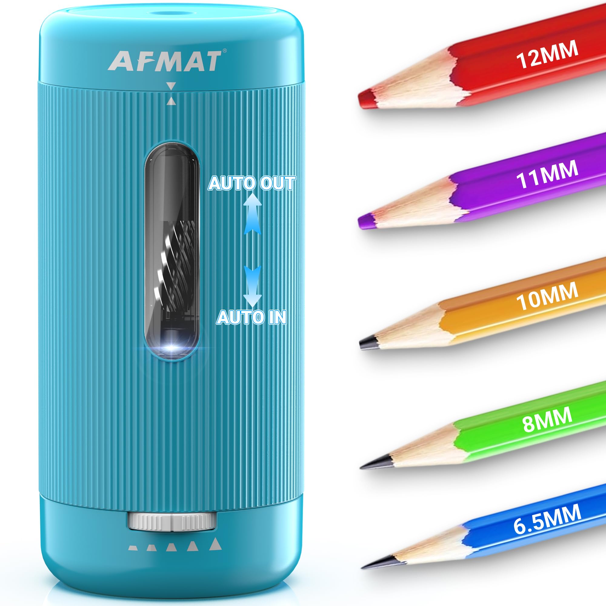 AFMAT Vollautomatischer elektrischer Bleistiftspitzer, automatisches Ein- und Ausschalten, wiederaufladbarer freihändiger Bleistiftspitzer für Jumbo- und Buntstifte (6,5–12 mm), tragbar für Zuhause