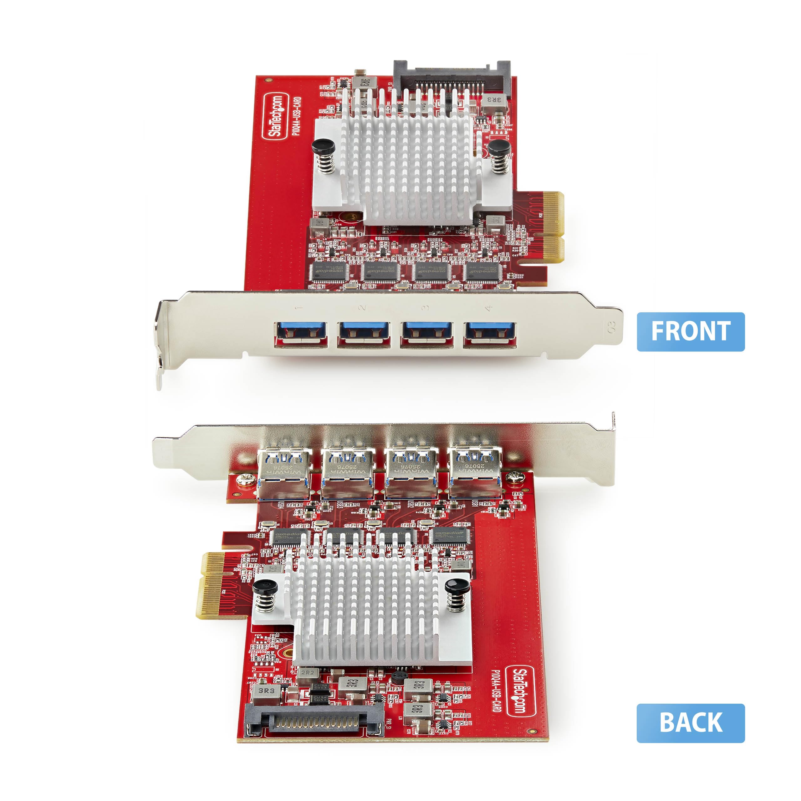 StarTech Carte PCIe USB-A 4 Ports 10Gbps, 4 Contrôleurs (P10Q4A-USB-CARD) | USB 3.2 Gen 2, Carte d'extension PCI Express 3.0, Alimentation SATA, Contrôleurs indépendants