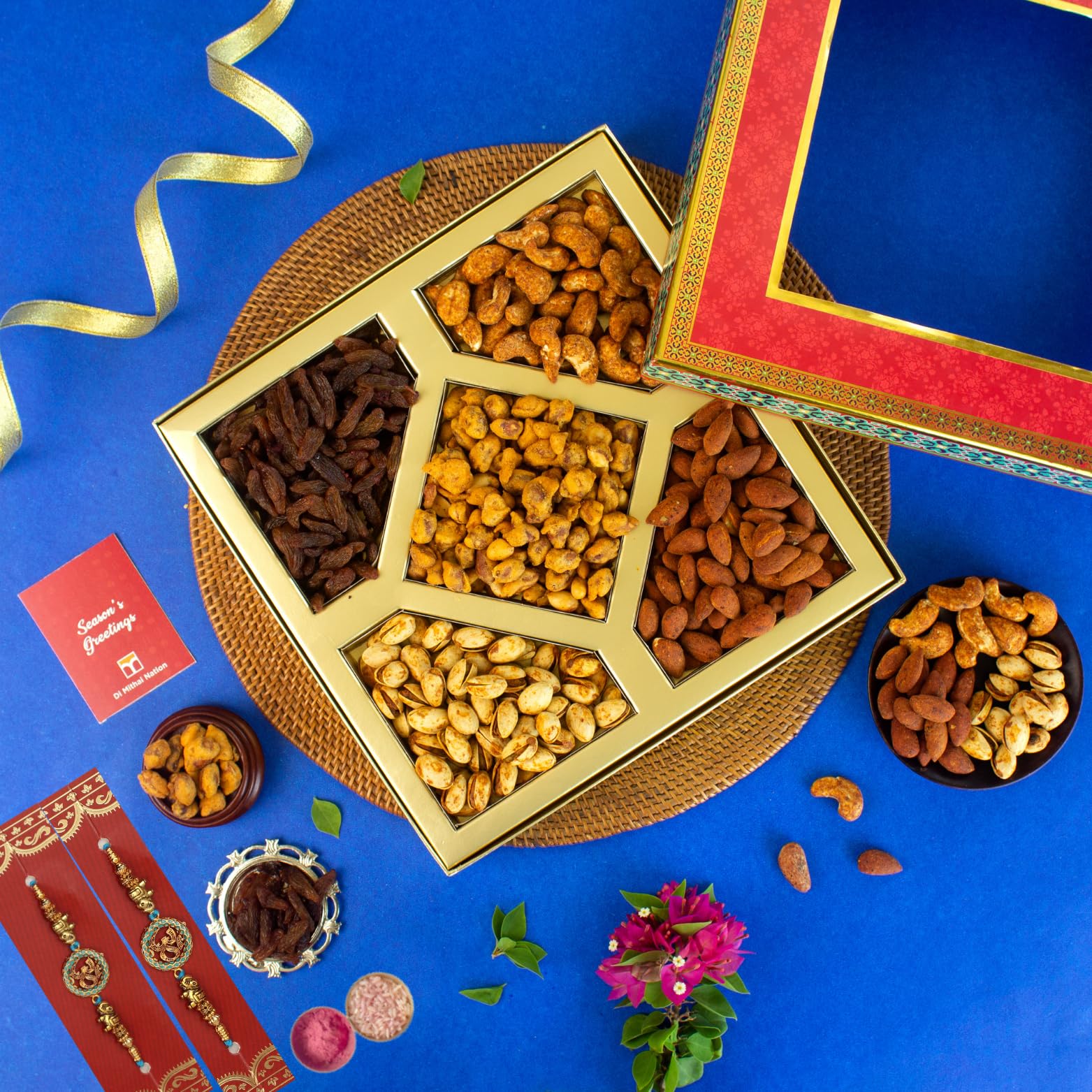 DI MITHAI NATION DIWALI DRYFRUIT COMBO GIFT PACK in Red and Blue Window Box with Diwali Greetings Card || Combo Gift Pack || Corporate Gifts