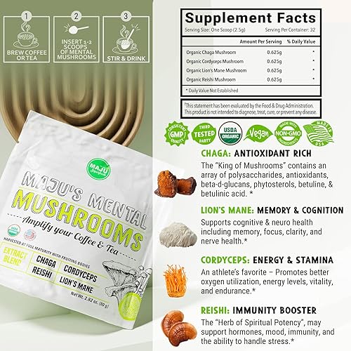 Miniatura 5 de Extracto de polvo de hongos mentales de MAJU, melena de león fuerte, Chaga, Reishi, Cordyceps, cuerpos fructíferos para café, refuerzo del sistema