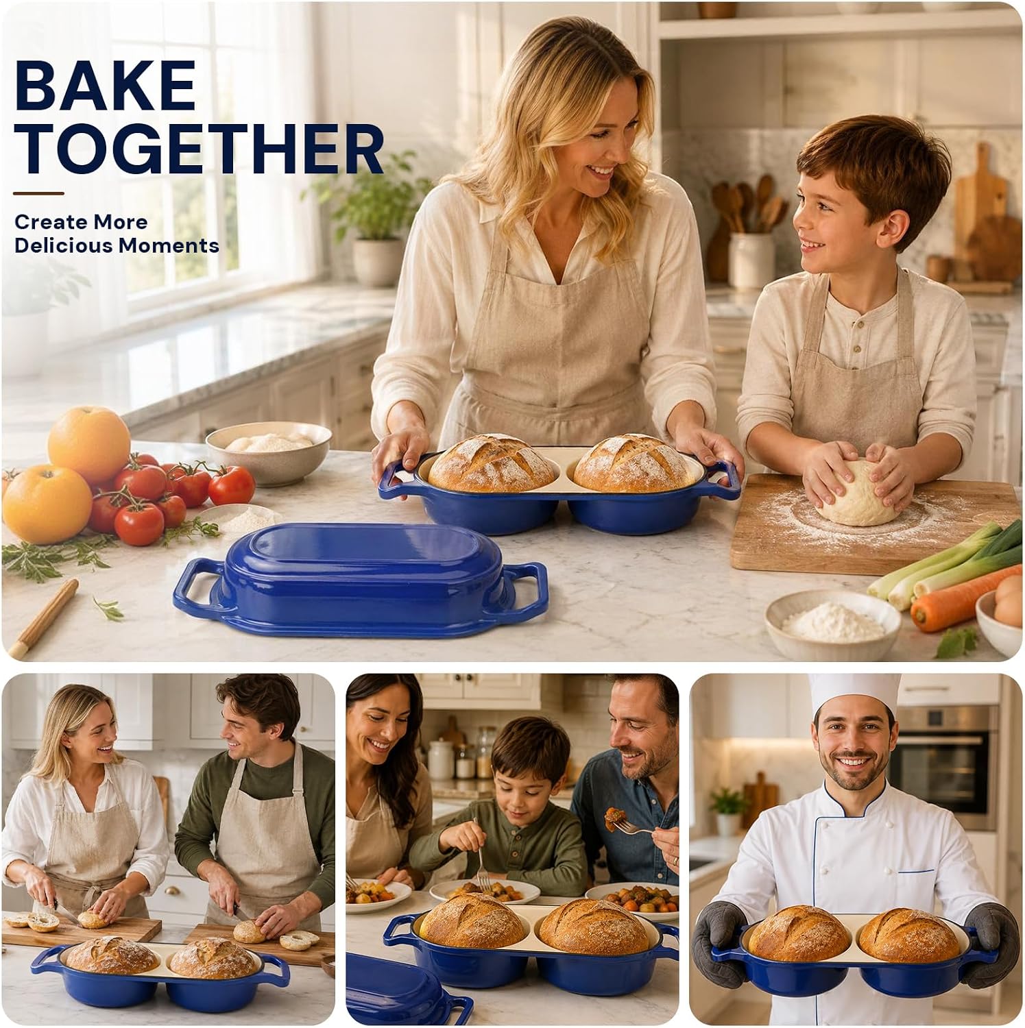 Double Dutch Oven Cast Iron Loaf Pan for Sourdough Baking-blue