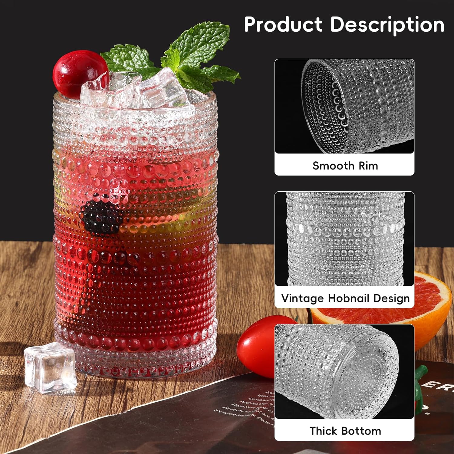 Moretoes Hobnail Drinking Glasses Set of 6, 12 Oz Highball Glasses & 10 Oz Cocktail Glasses, Clear Embossed Boho Glass Cups Kitchen Bar Tumbler Glassware Set for Whiskey, Beer, Juice, Milk (Clear) - Image 5