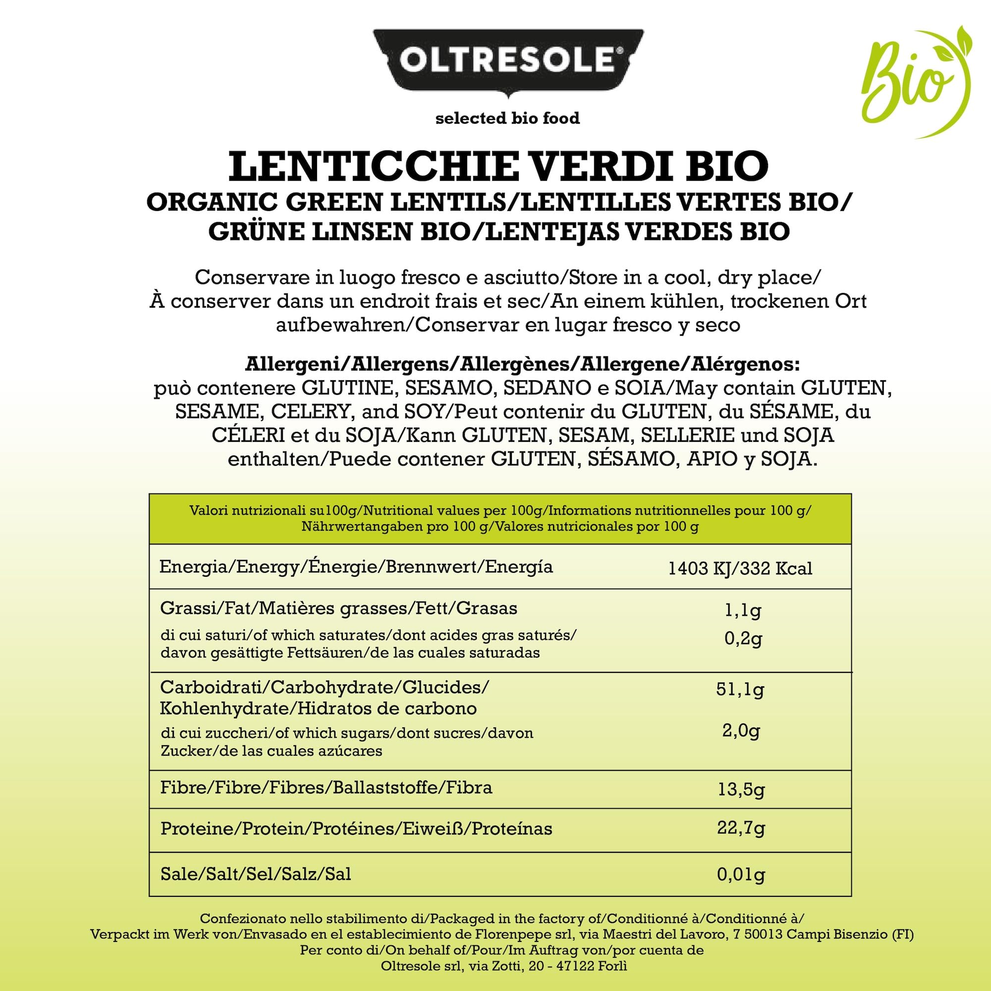 Oltresole, Lentejas verdes ecológicas 5 Kg, Legumbres secas enteras ecológicas, Fuente de proteínas y fibra, Ricas en fibra y sales minerales, Tamaño práctico