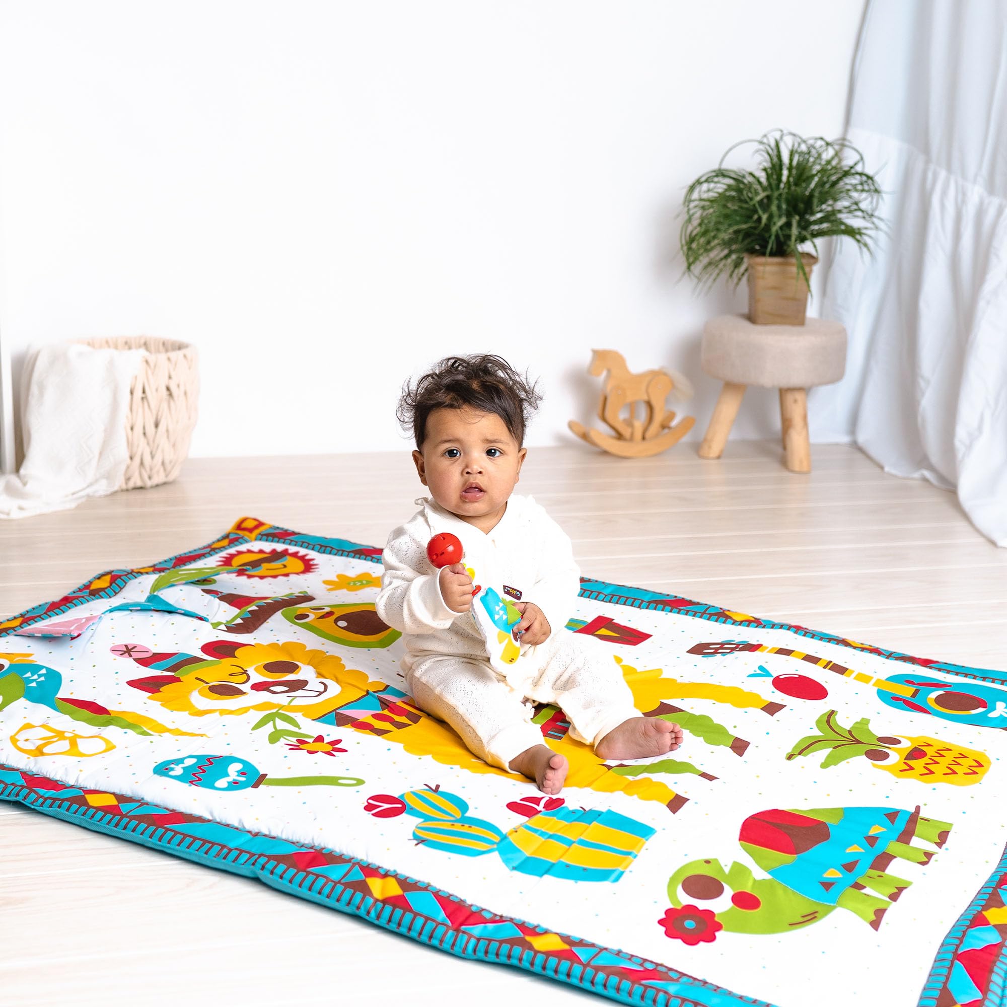 Yookidoo Fiesta Spielmatte & Baby Duschkopf Bundle – XL Spieldecke 145 x 100 cm mit Sensorischem Spielzeug + Elefanten Baby-Badewannen Duschkopf