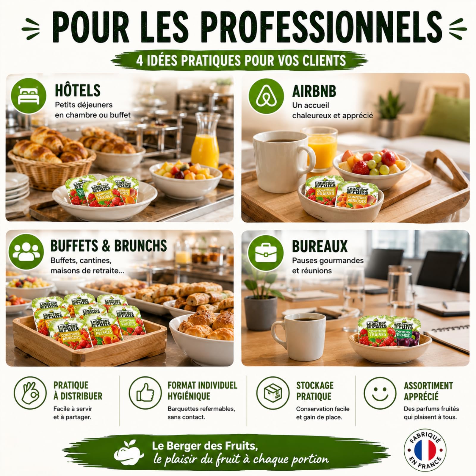 LE BERGER DES FRUITS | 144 barquettes de confiture assortie : prune, pêche, abricot et fraise | portions individuelles de 20 g pour varier les plaisirs au petit déjeuner et au goûter