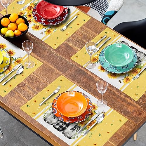 Miniatura 8 de Juego de 4 manteles individuales de girasol, 18 x 12 pulgadas, flores amarillas de verano, jarrones a cuadros, jarrones de arpillera lavables para