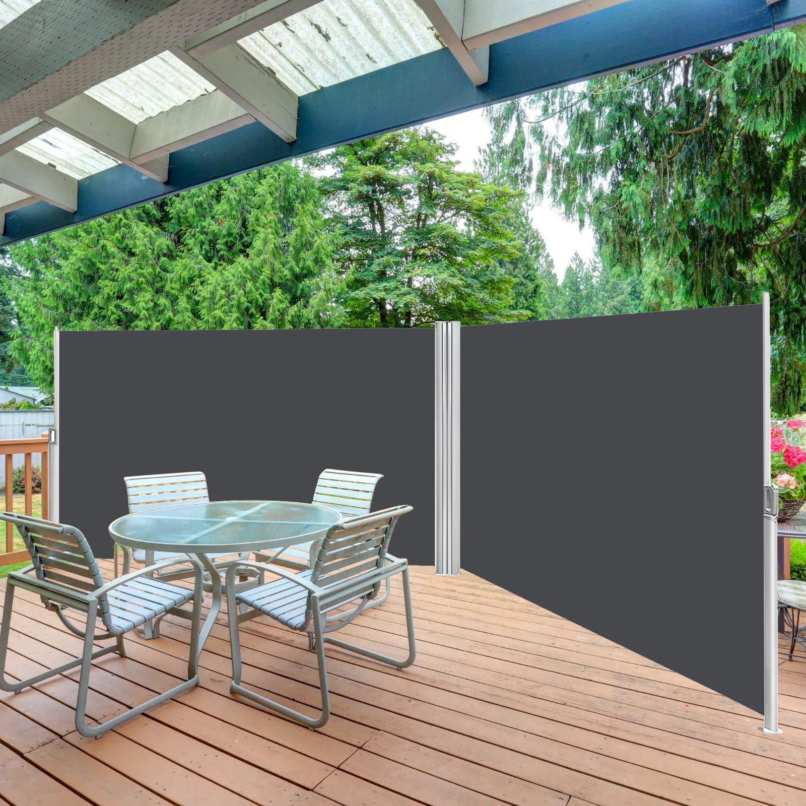 Markiza boczna z uchwytem do podłoża, wysuwana, ochrona przed słońcem, szara, 160 x 600 cm, ochrona przed wzrokiem na balkon, do ogrodu, na taras