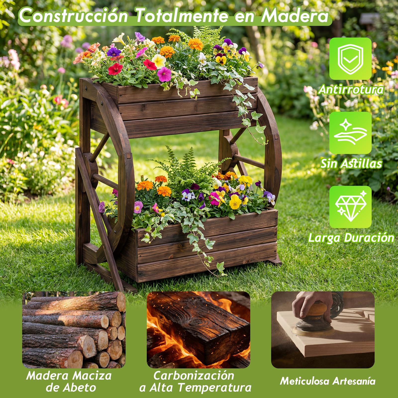 GOPLUS Huerto Urbano de Madera de 2 Niveles, Cama Elevada de Jardín Rústica con Orificios de Drenaje para Verduras Hierbas Flores, Jardinera Decorativa para Patio Balcón (33 x 56 x 56,5 cm)