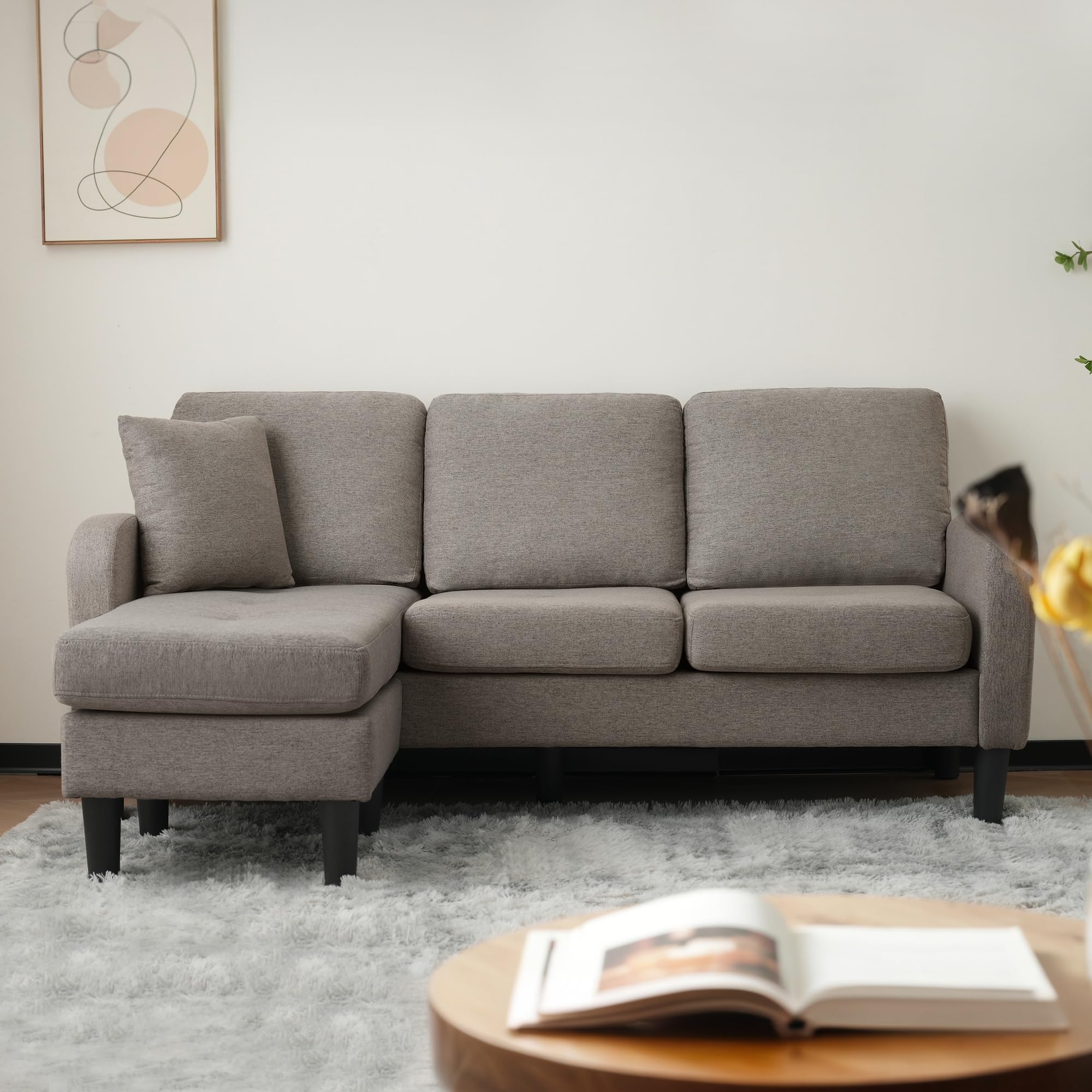 KAZZIO Sofá esquinero en forma de L con chaise longue – Sofá de 3 plazas, tela de lino de algodón transpirable, patas de plástico, diseño modular, ideal para salones, apartamentos y oficinas (gris