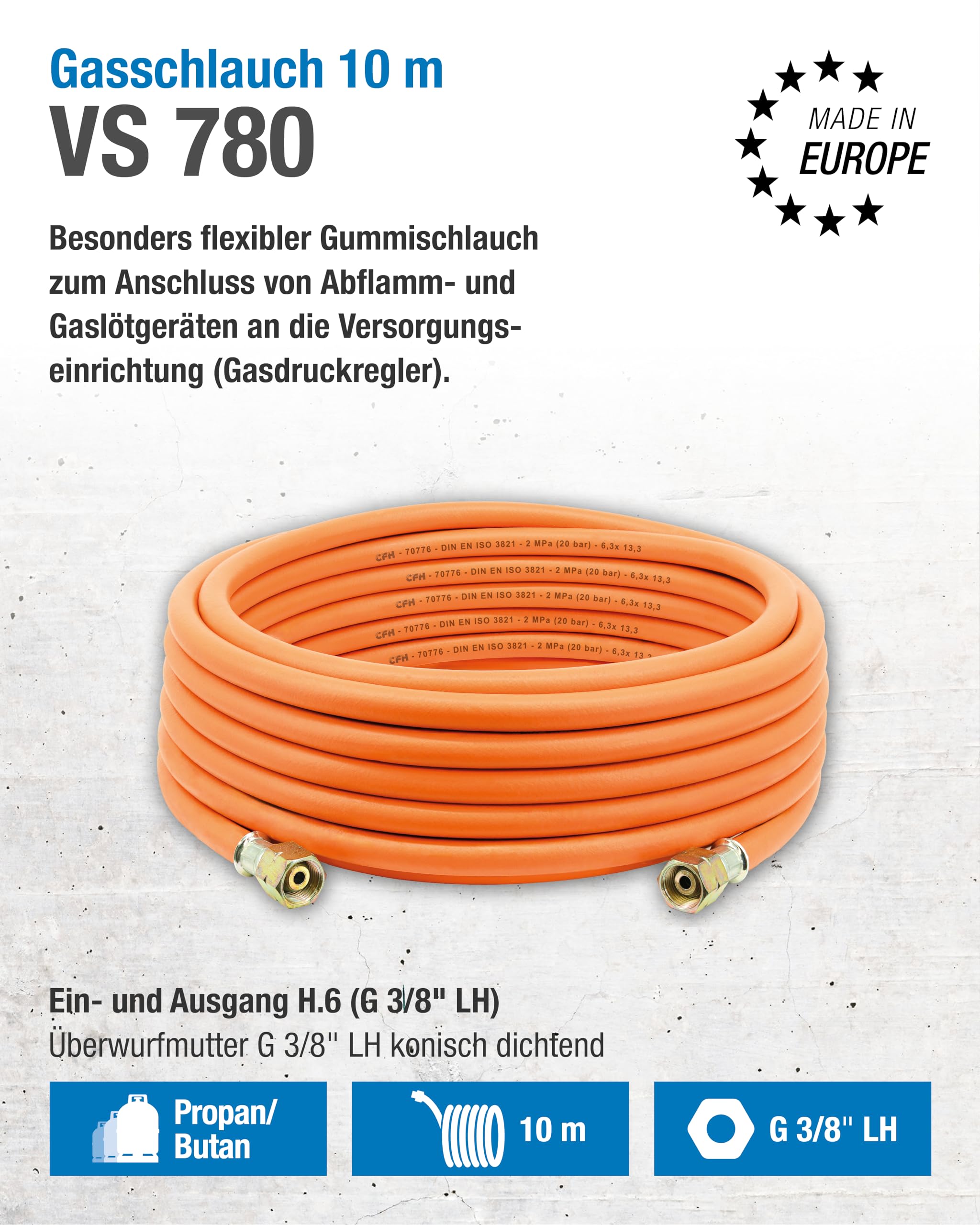 CFH Gasschlauch Gummi 10 m VS 780 – Gummigasschlauch mit beidseitigem G 3/8" LH Anschluss, für Abflammgeräte & Gaslötgeräte, LPG/Propan/Butan, 20 bar, konisch dichtend, -30 °C bis +70 °C
