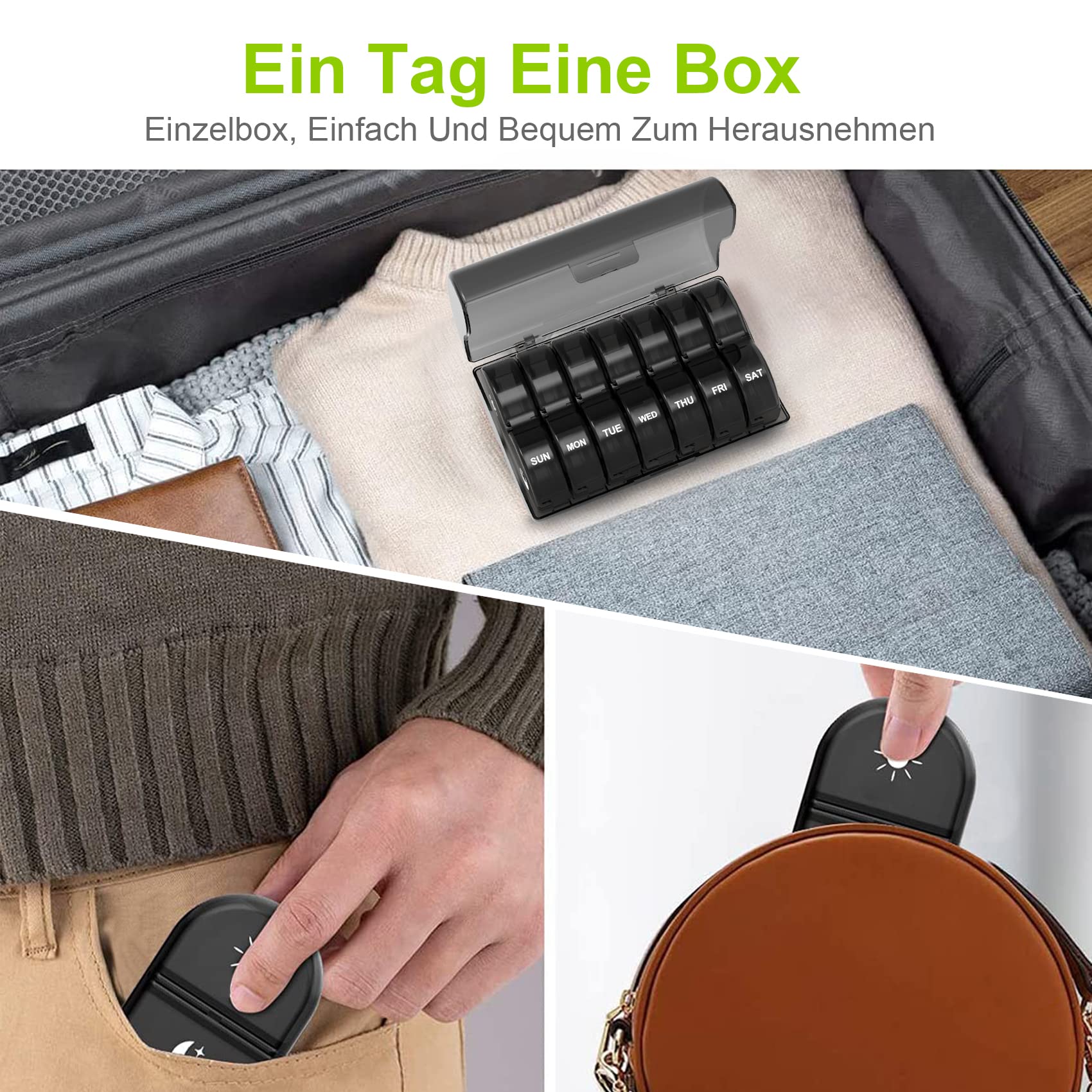 Pudełko na tabletki, 7 dni, niemieckie, 7 dni, tygodnie, pudełko na tabletki, 7 dni, małe, łatwe do otwarcia, w podróży