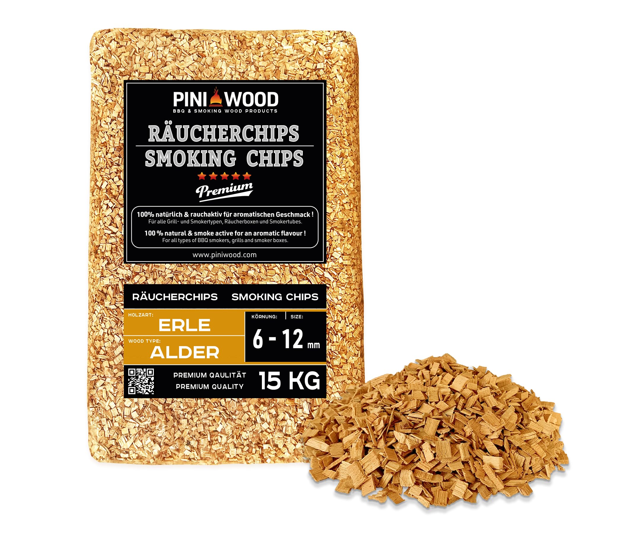 PINI 15 Kg Räucherchips Erle ohne Rinde 6-12 mm Smoking Chips Räucherspäne
