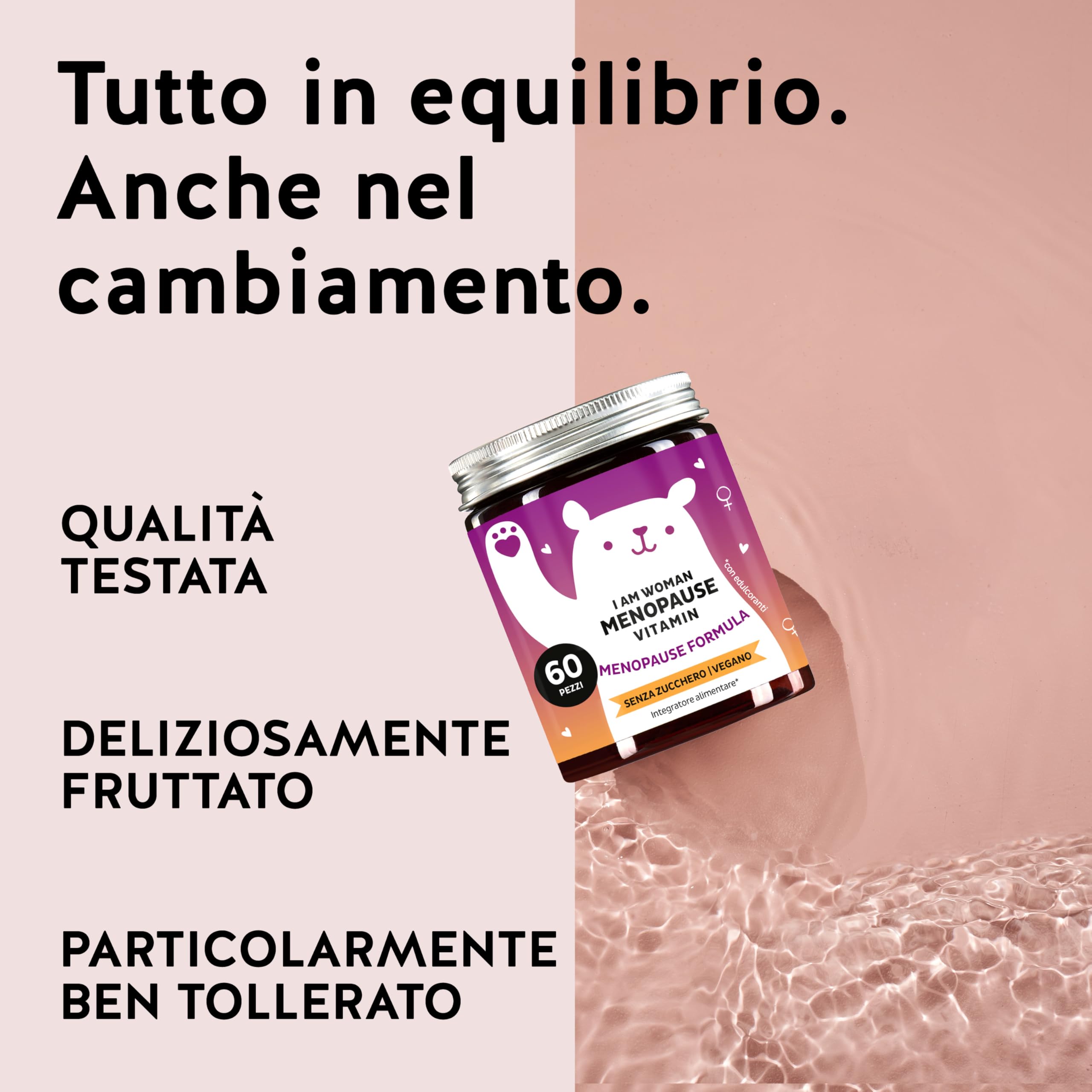 I am Woman Menopause - Complesso vitaminico B per la Menopausa, con Olio di Enotera, Biotina, Selenio, Acido Folico, Zinco - 60 Pezzi, Senza Zucchero, Vegan - Bears with Benefits