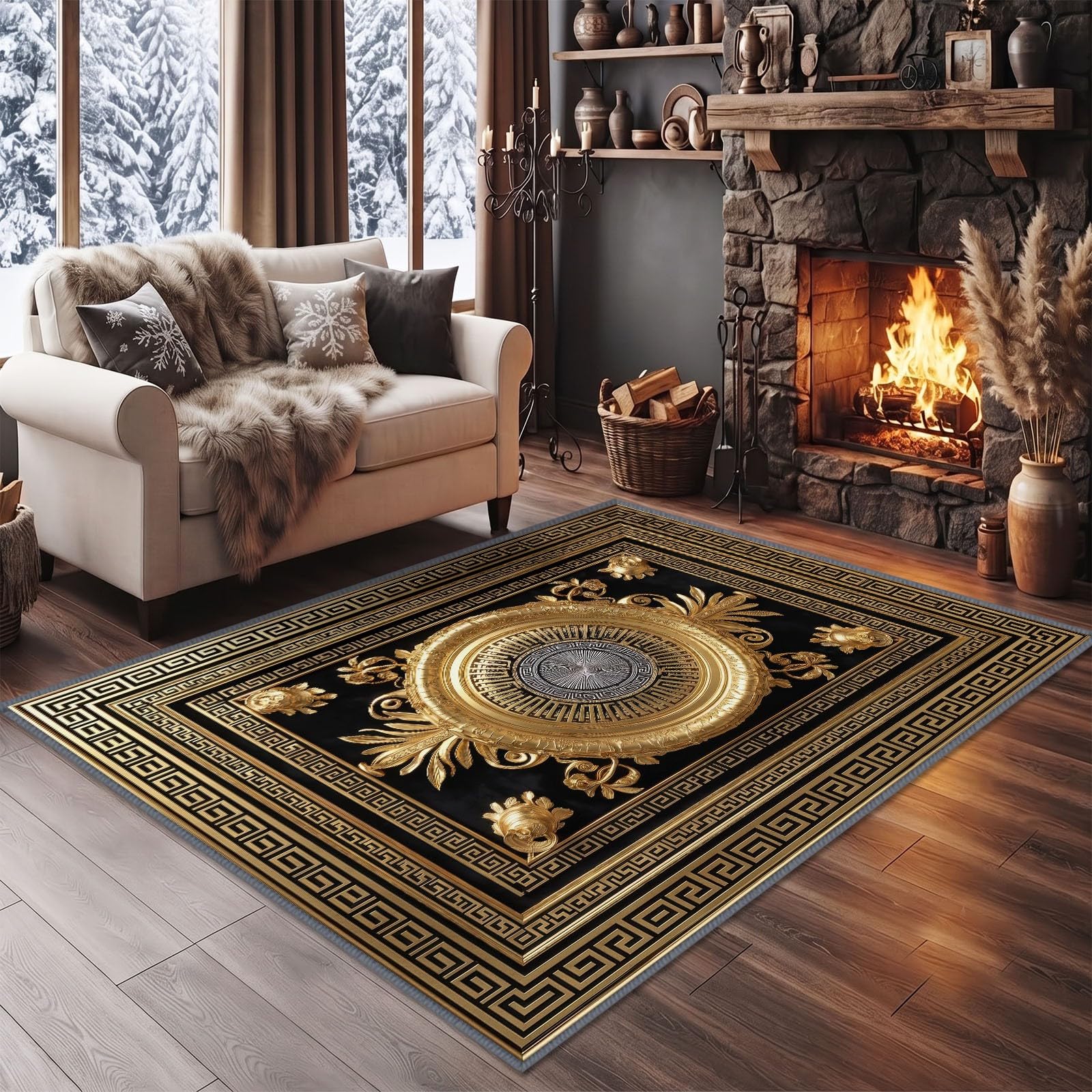 Alfombra lavable de 100 x 160 cm, diseño griego de hojas de palmera, de pelo corto, para habitación infantil, antideslizante, suave, fácil de limpiar, para salón, dormitorio, cocina