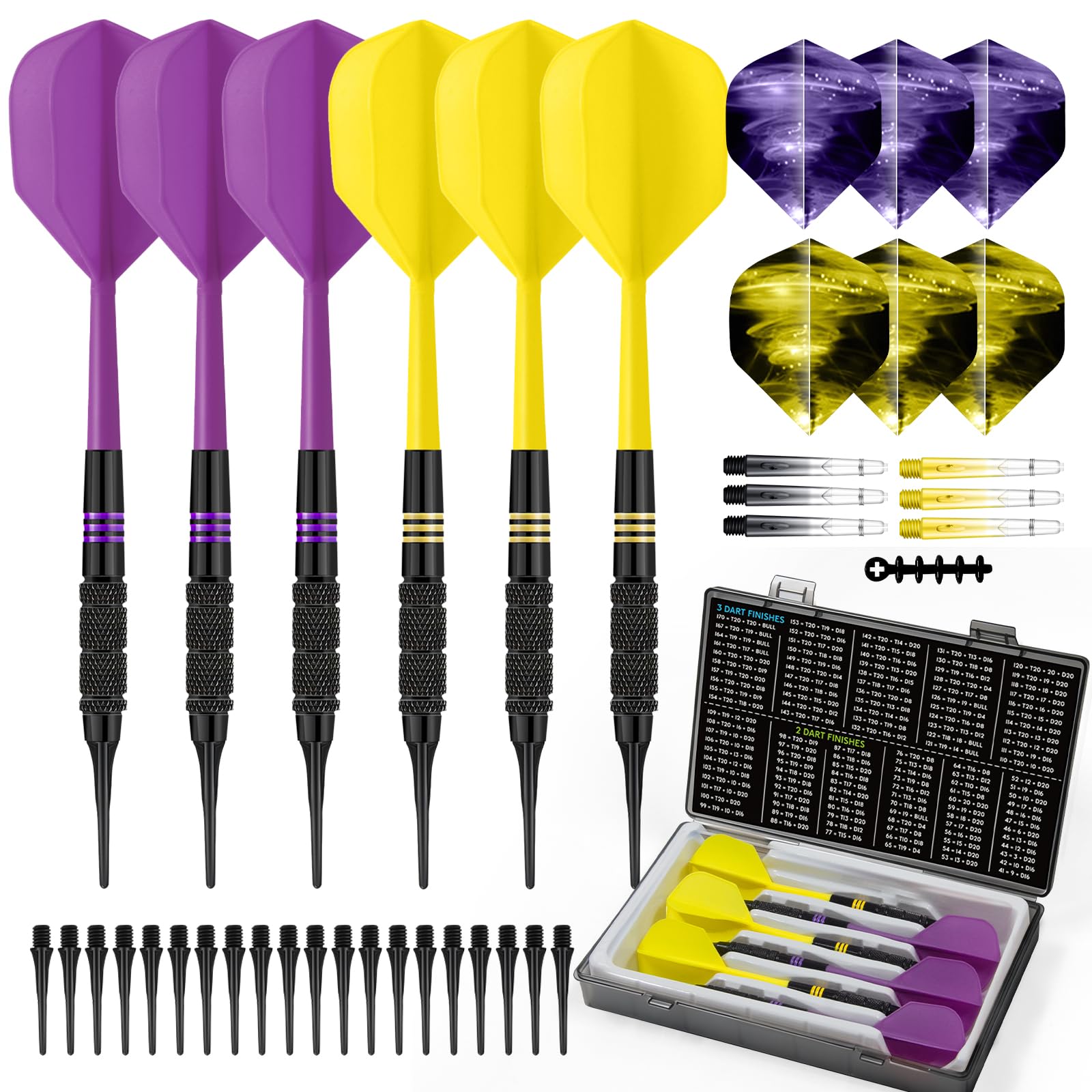 HUANQU 6 Pack Soft Tip Darts Set 16g- Integrated dart Flights 2BA Thread Plastic Tip Darts with Case 20 dart Points 6Extra Shafts & Flights Storage Box Included – Electronic DartBoard Compatible