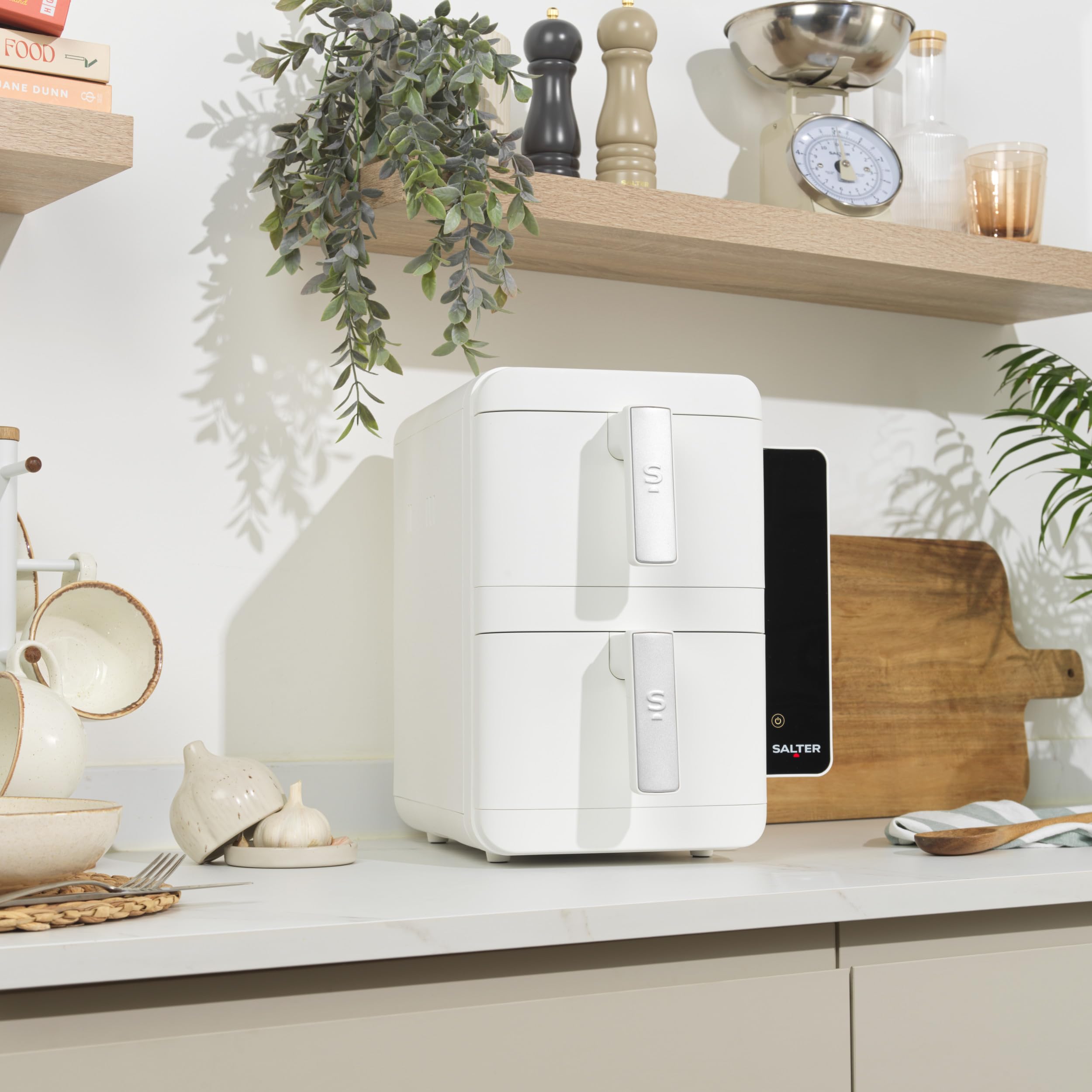 Salter VertiCook Ultra Stackable Air Fryer - Cocina vertical, 9L, 2 x 4.5L cestas y rejillas, 9 funciones, Sincronizar y combinar, Bandeja de parrilla libre de PFAS, Ahorro de espacio, 60-230°C, 2400W