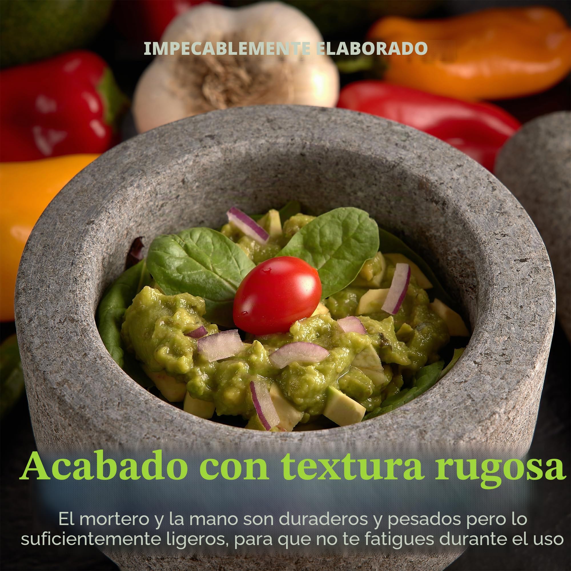 Mortero y mortero de granito de 6 pulgadas, molcajete de granito sin pulir con capacidad para 2 tazas con tapa de silicona, molinillo y triturador para mezclar, mezclar, moler, servir,