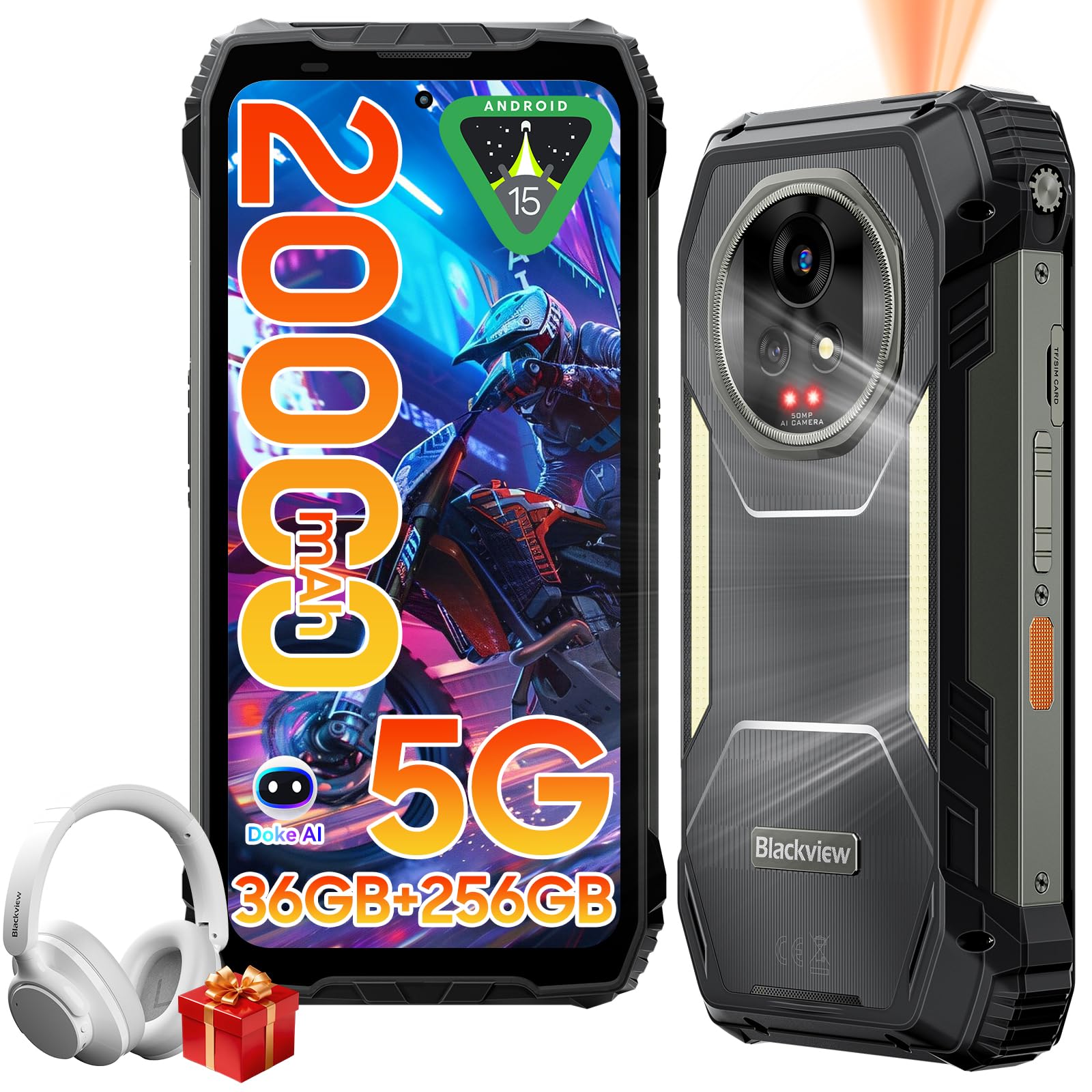 Blackview XPLORE 2 Projector Outdoor Handy Ohne Vertrag 5G, 20000mAh-Android 15 Outdoor Smartphone, 36GB+256GB/2TB Baustellenhandy, 6.73” FHD, 3.2K AMOLED, 50MP AI Camera, 120Hz, IP69/MTK 8300/NFC