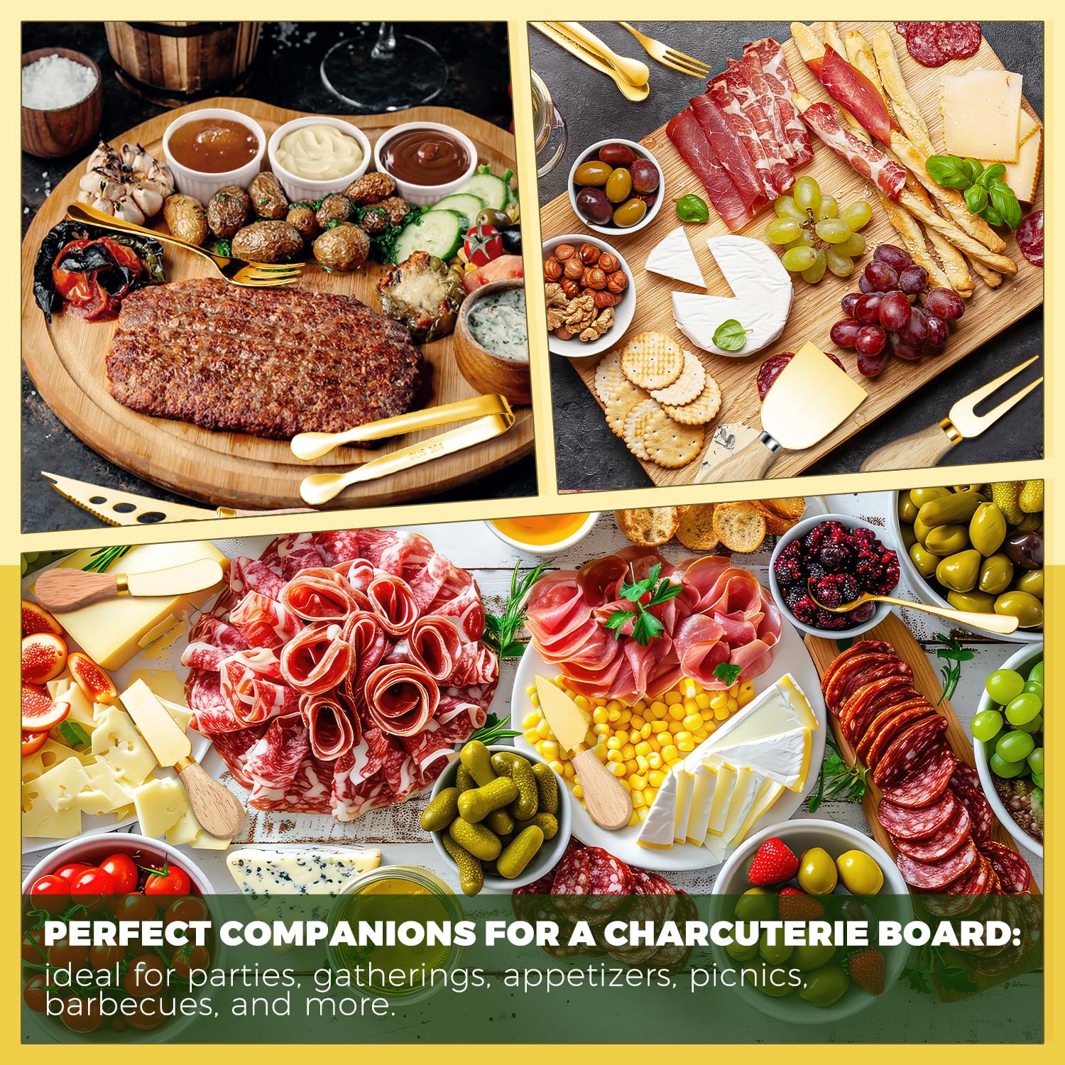 Charcuterie Boards Accessories Charcuterie Utensils Cheese Butter Spreader Knife Set Small Serving Tongs Forks and Spoons Dipping Bowls Honey Dippers Toothpick Flags for Party Platter Making: Gold
