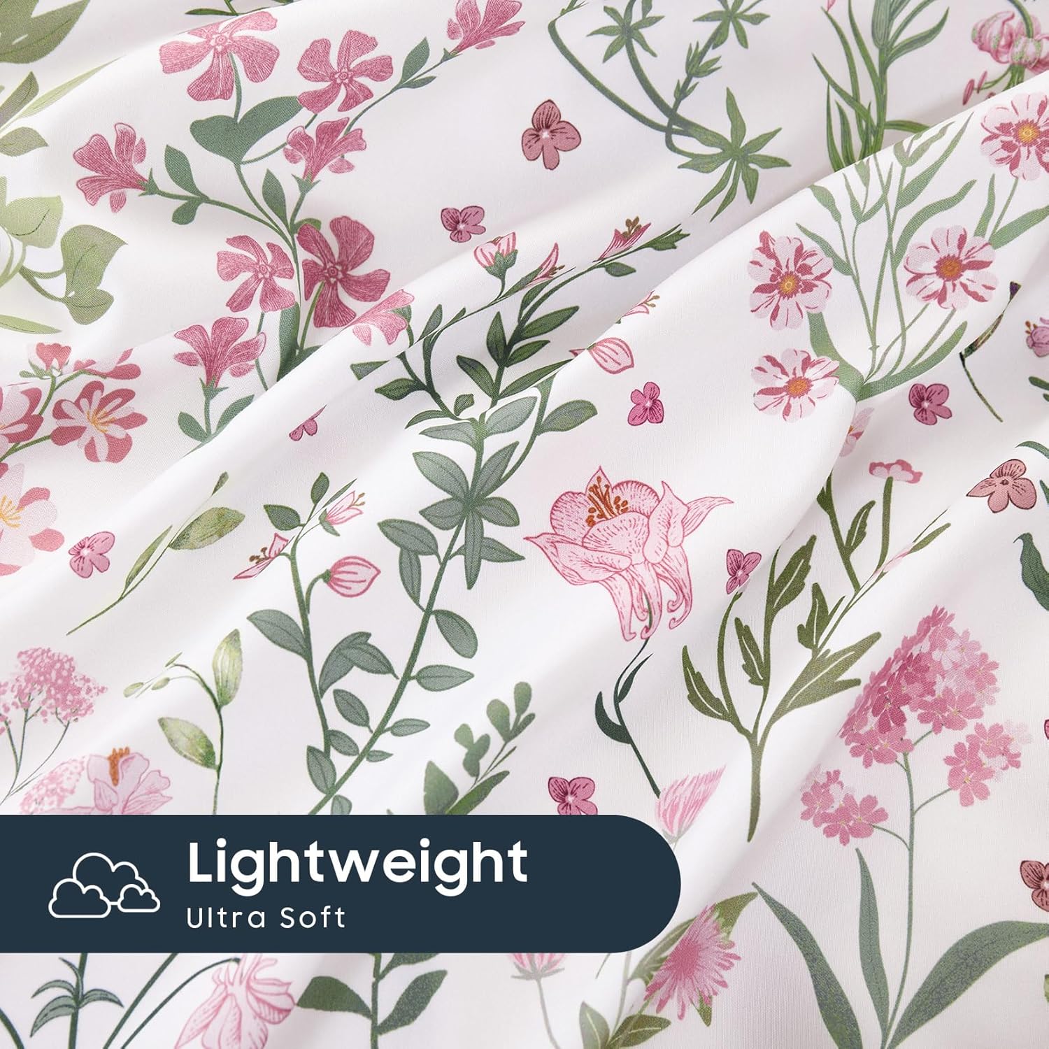 Wake In Cloud - Floral Duvet Cover Set, Shabby Chic Cottage Garden Botanical Flower Style with Elegant Wildflower Pattern, Soft Lightweight Bedding, 3 Pieces, Pink White, Queen Size