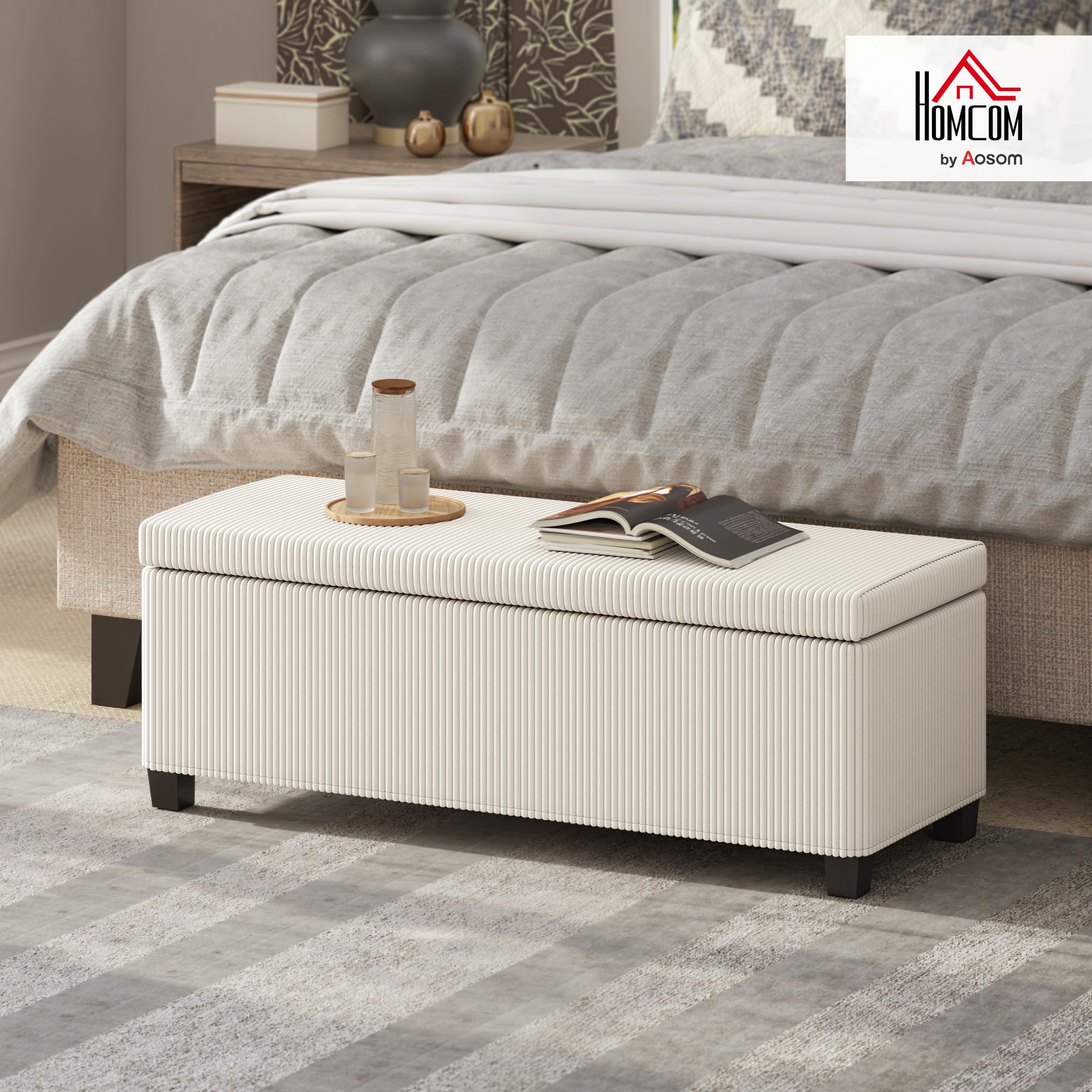 HOMCOM Puff Almacenaje, Banco Almacenaje, Capacidad de 84 L, 112x42x40 cm, Taburete Reposapiés, Tapizado en Pana, Pie de Cama, Carga 220 kg, para Sala de Estar, Dormitorio, Entrada, Beige