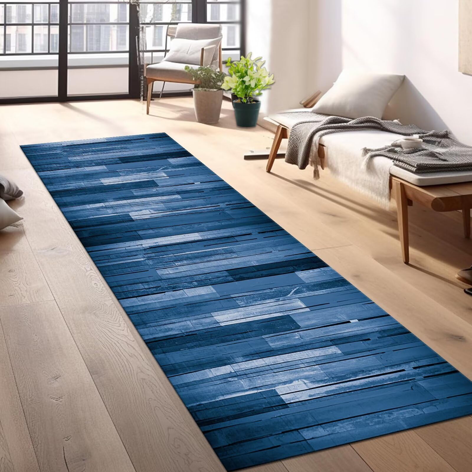 Teppich Läufer Lang Küche Flur Wohnraum Teppichläufer Rutschfest Waschbar Küchenläufer Teppichmatten Blau Holzmaserung 60X300CM Meterware Läufer Flurteppich Wohnzimmer Schlafzimmer Küchenteppich