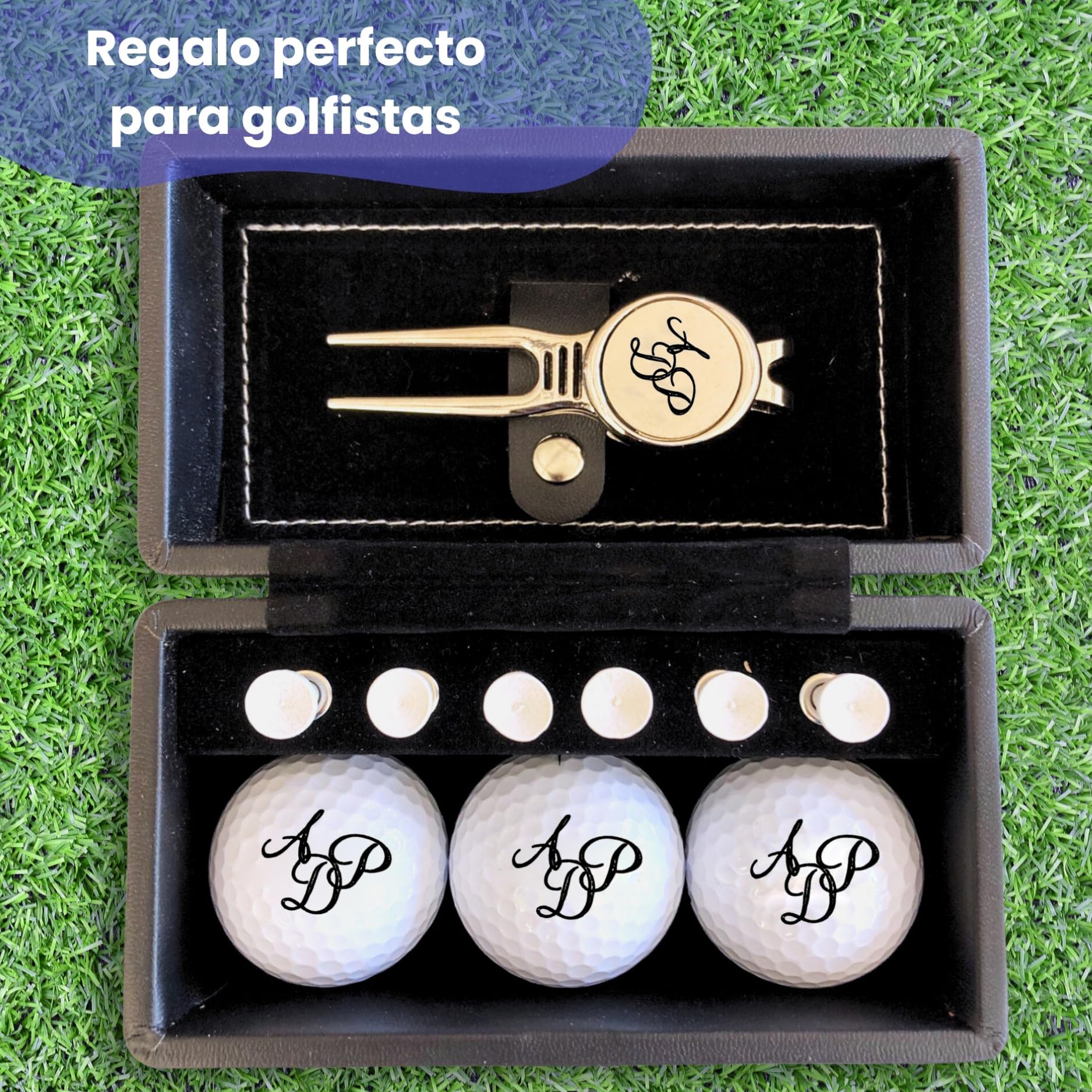 Juego de pelotas de golf con iniciales personalizadas, 3 pelotas de golf Wilson y 6 tees en caja de regalo, color negro