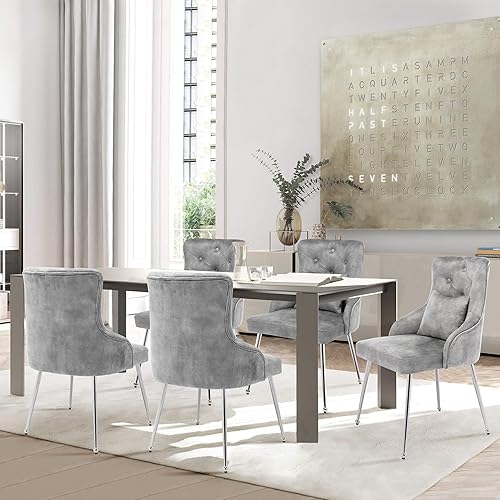 Miniatura 7 de Silla de tocador de terciopelo con respaldo, moderna silla pequeña sin brazos con patas de metal, silla auxiliar tapizada para sala de estar, Gris