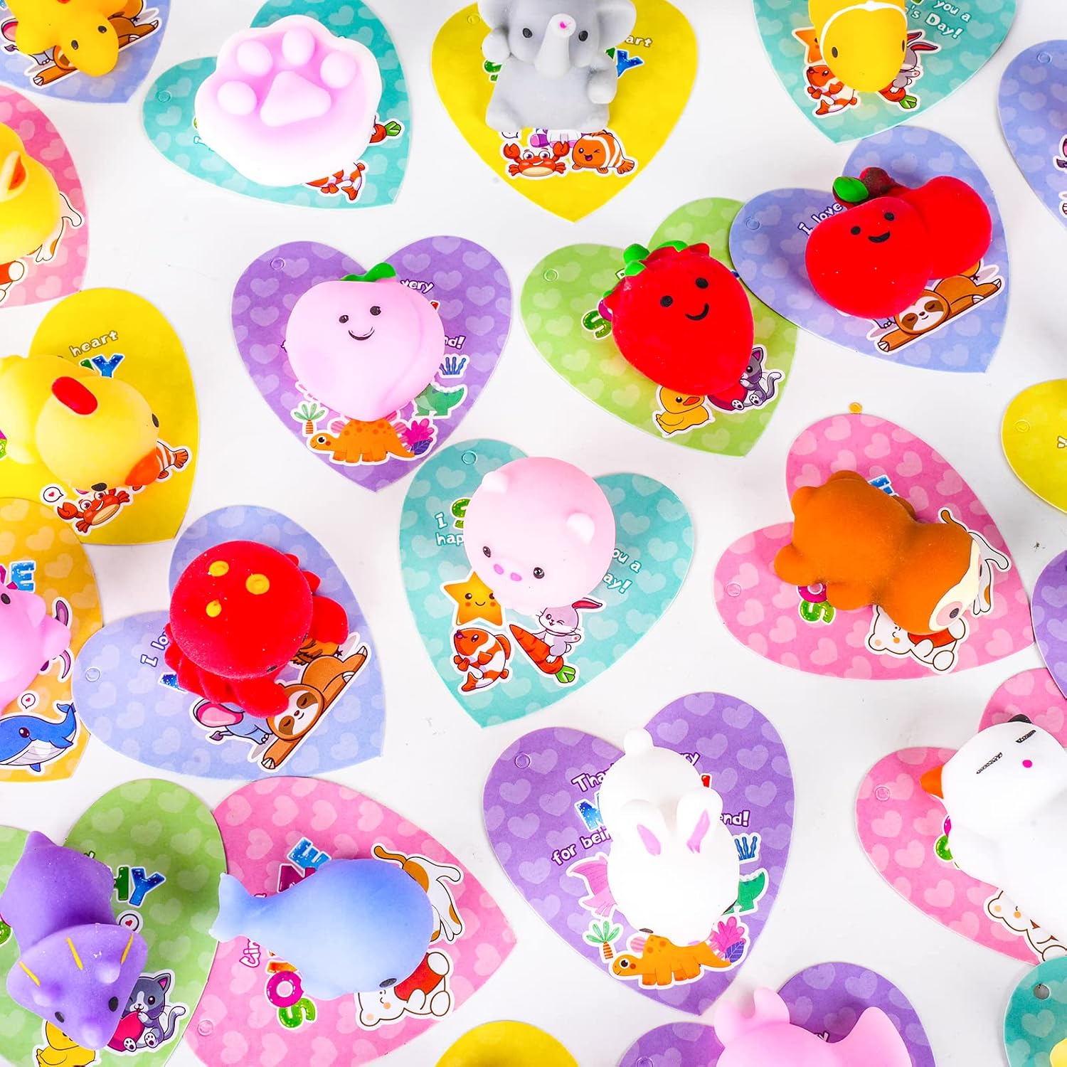 28 Pack Valentine’s Day Cards with Mochi Squishy Fidget Toys for Kids, Cute Kawaii Squishis Stress Relief Fidget Toy for Valentine Party Favors, School Classromm Exchage (Mochi Squishy Animal Mix)